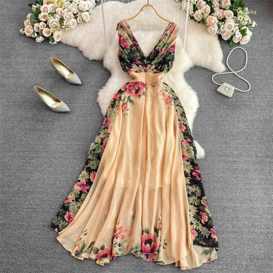 Vestido largo midi con estampado floral para mujer, sin mangas, de gasa, vestido vintage con cuello en V