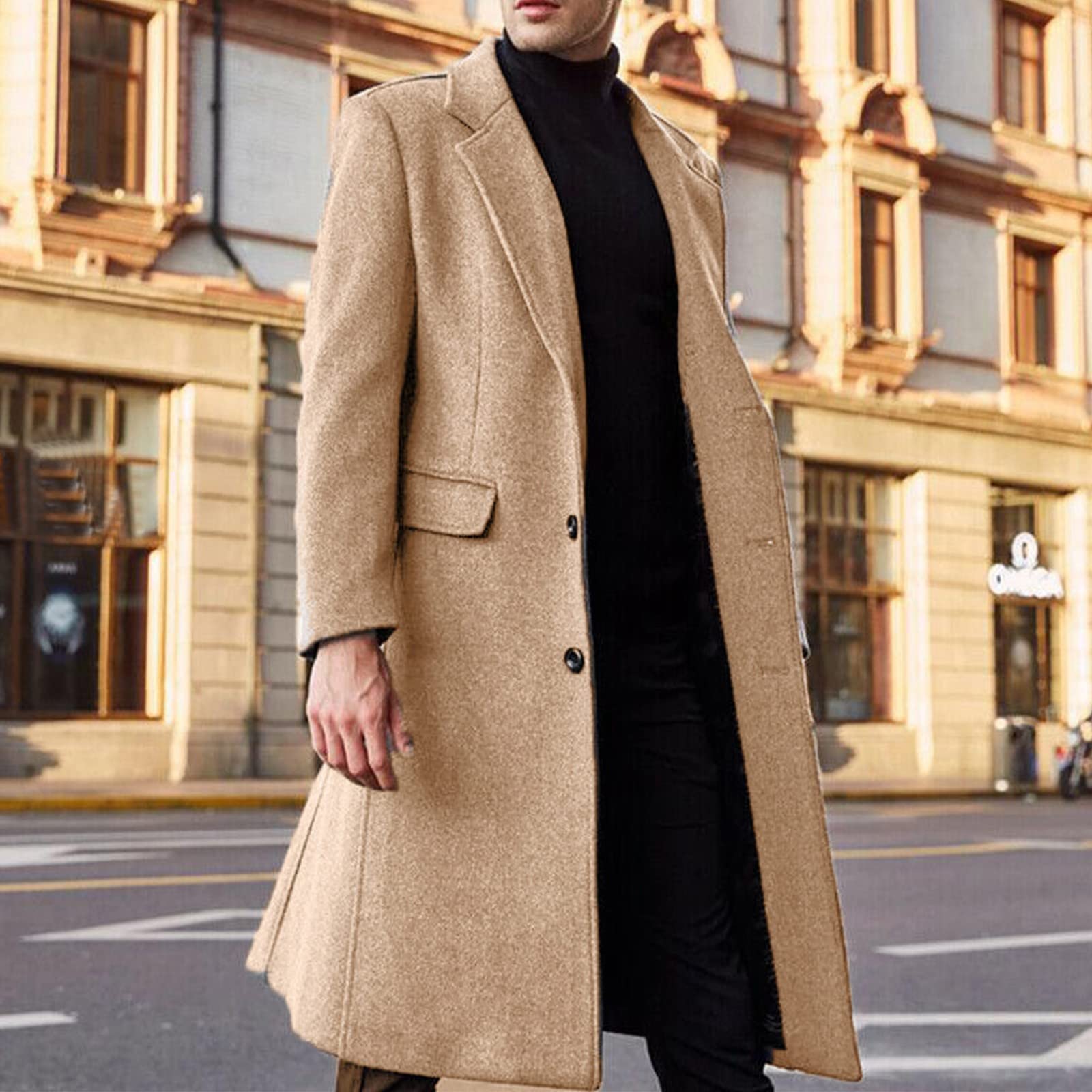 Cappotto da uomo in misto lana cammello, elegante giacca invernale monopetto, classico cappotto lungo per abbigliamento da lavoro e formale, look caldo e sofisticato, materiale misto lana di alta