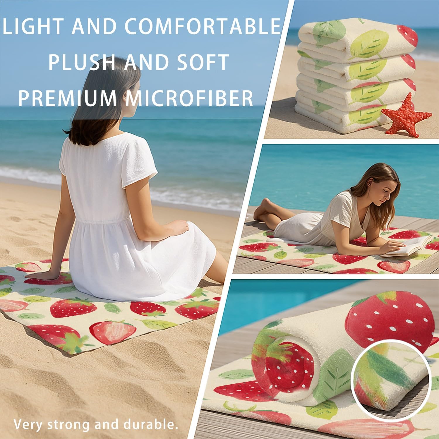 Générique Serviette de Plage Microfibre 200 x 100 CM,Drap de Plage Rustique, Campagne, Dessiné à la Main, Couverture de Plage Absorbante,Couverture de Bain Fraise Rouge
