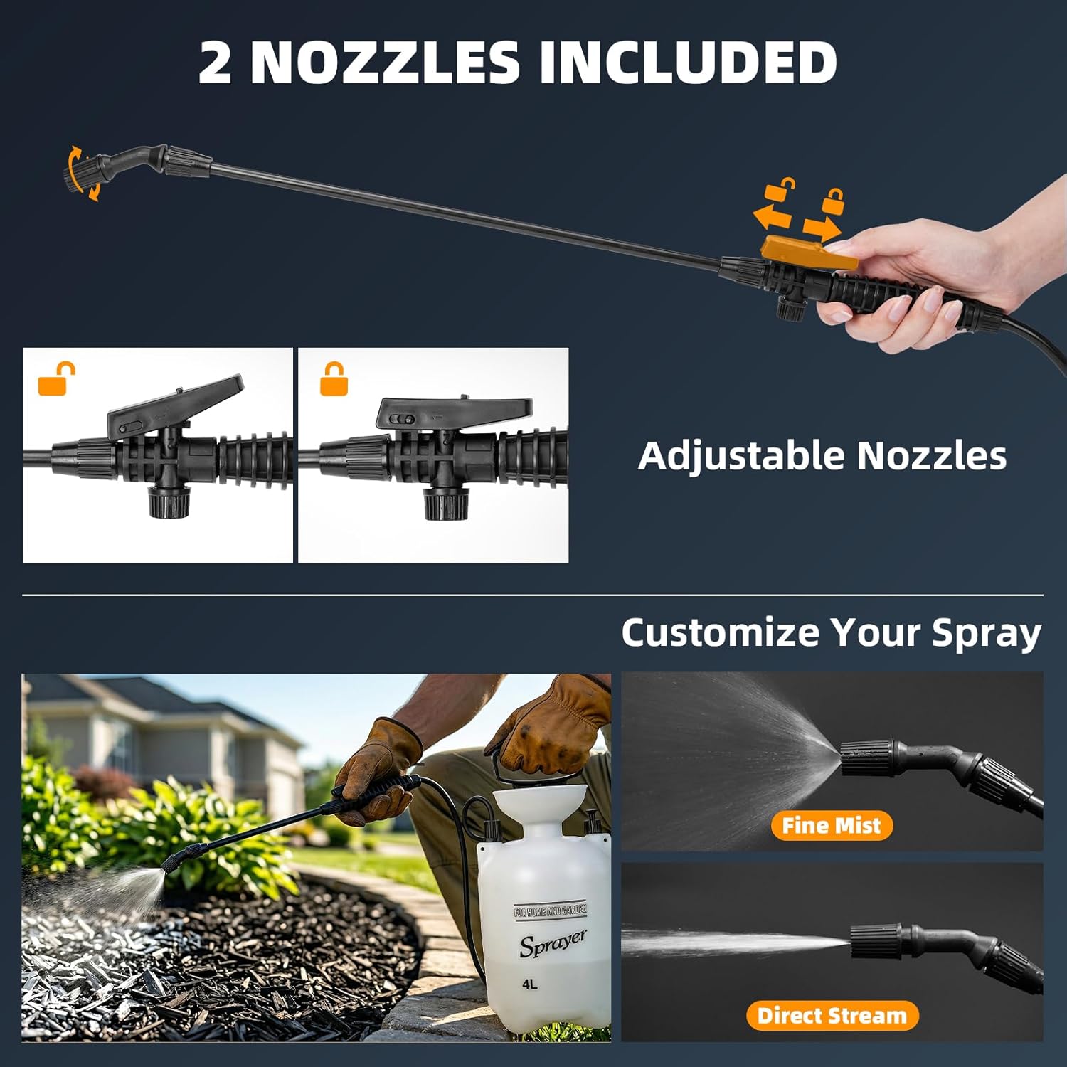 1 Gallon Pump Sprayer for Lawn & Garden – Heavy-Duty Hand Pressure Sprayer with 16” Long Wand, 4 Nozzles, Adjustable Spray, Leak-Resistant Garden Sprayer for Rock Mulch Glue