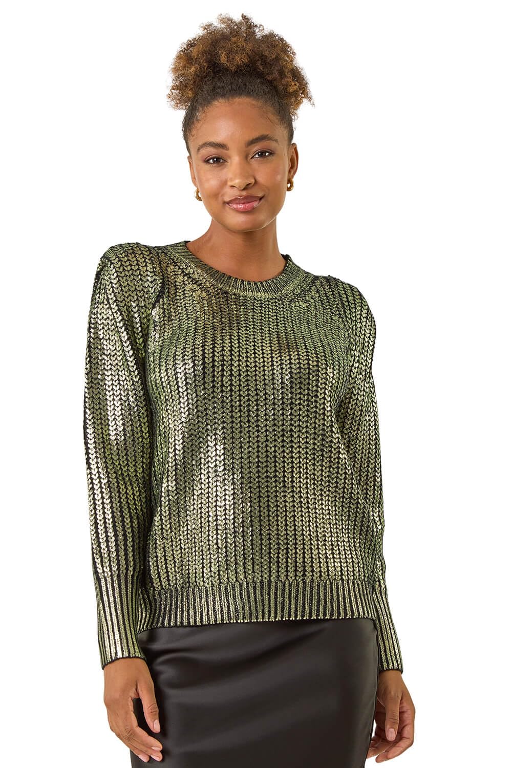 Roman Originals Women's Green Metallic Crew Neck Knit Jumper For Uk - Everyday Autumn Winter Comfy Soft Evening Vacation Work Party Night Out - Size One