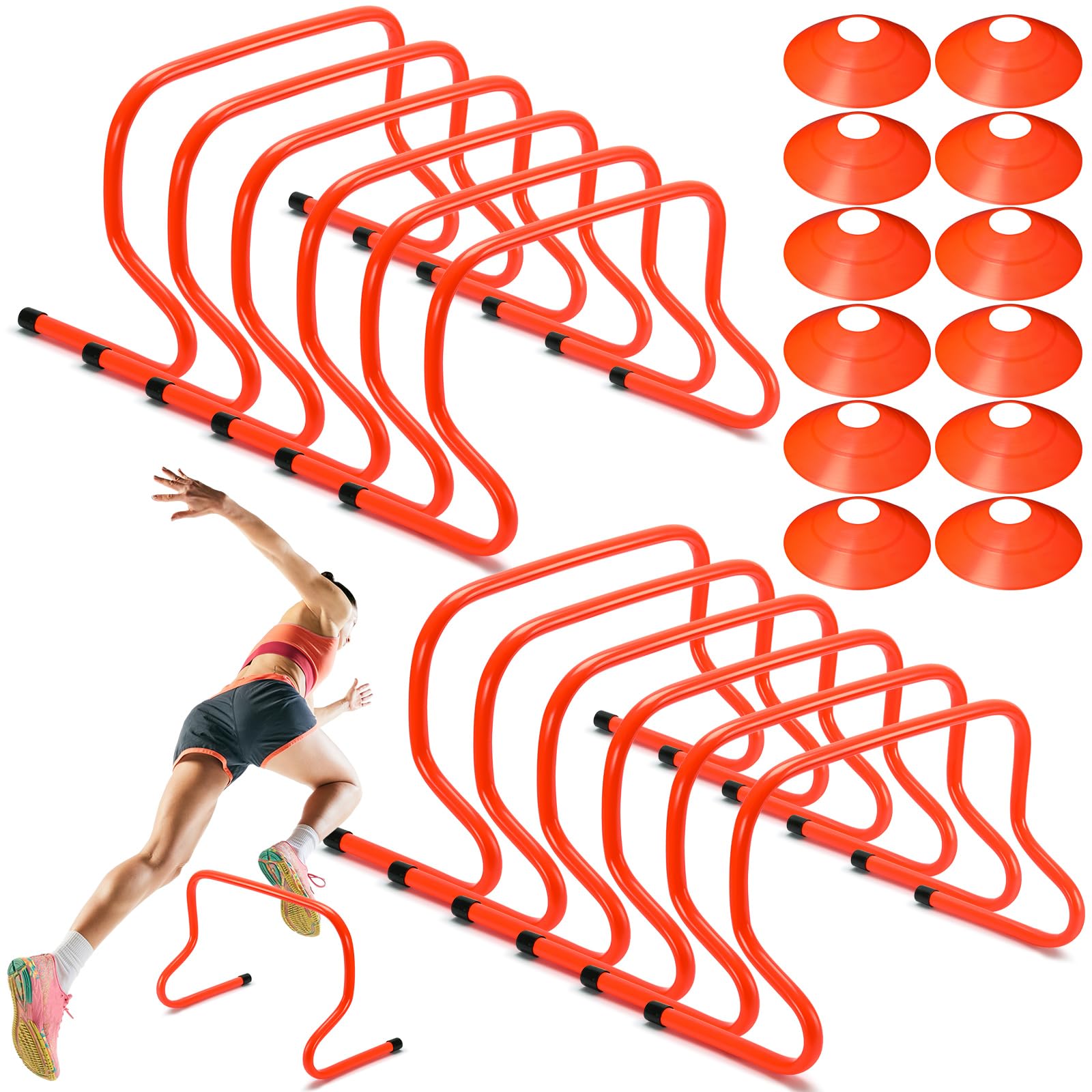Gemscream 12 Pieces 12 Inch Agility Hurdles and Marker Cone Set Disc Cones Speed and Agility Training Equipment Speed Hurdles for Athletes Sports Soccer Football Tennis Basketball Practice