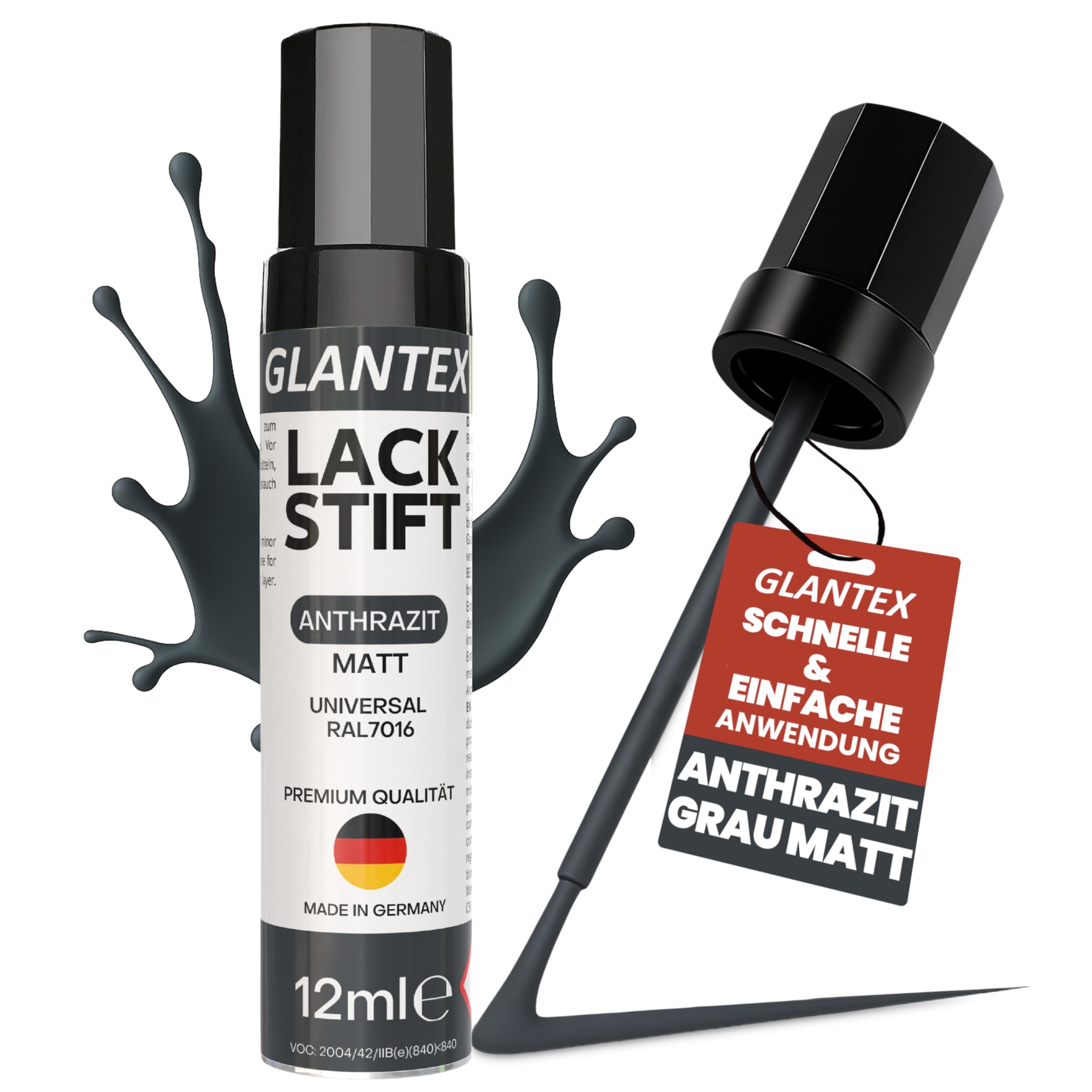 GLANTEX Lackstift Schwarz glänzend [15ml] – Hohe Deckkraft für Kratzer und Steinschläge – Auto & Felgen Lackstift Schwarz