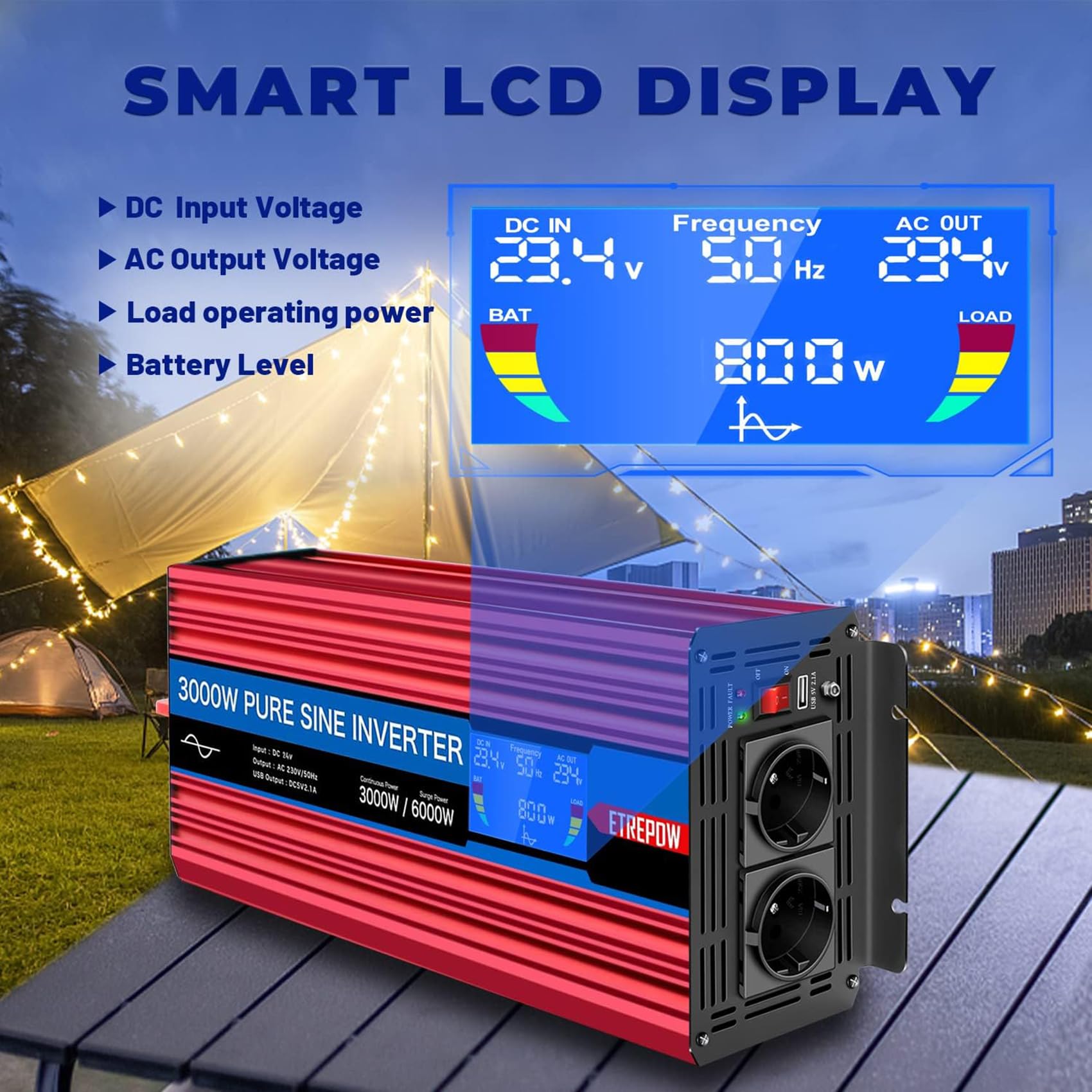 3000W convertisseur 24v 220v Pur Sinus transformateur-2 Prises EU AC et USB, télécommande sans Fil et écran LCD Onduleur pour Les systèmes Solaire, Voiture, Camping, Voyage
