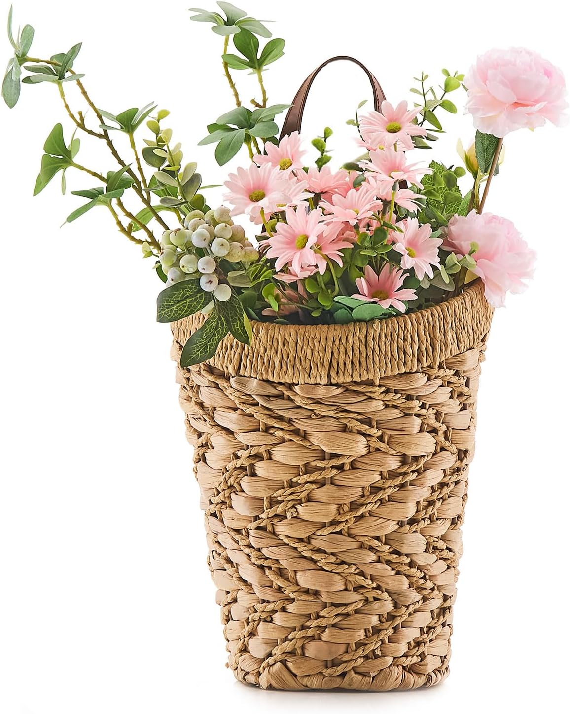 Handwoven Water Hyacinth Wall Hanging Basket - Boho Front Door Organizer for Dried Flowers, Plants & Farmhouse Decor