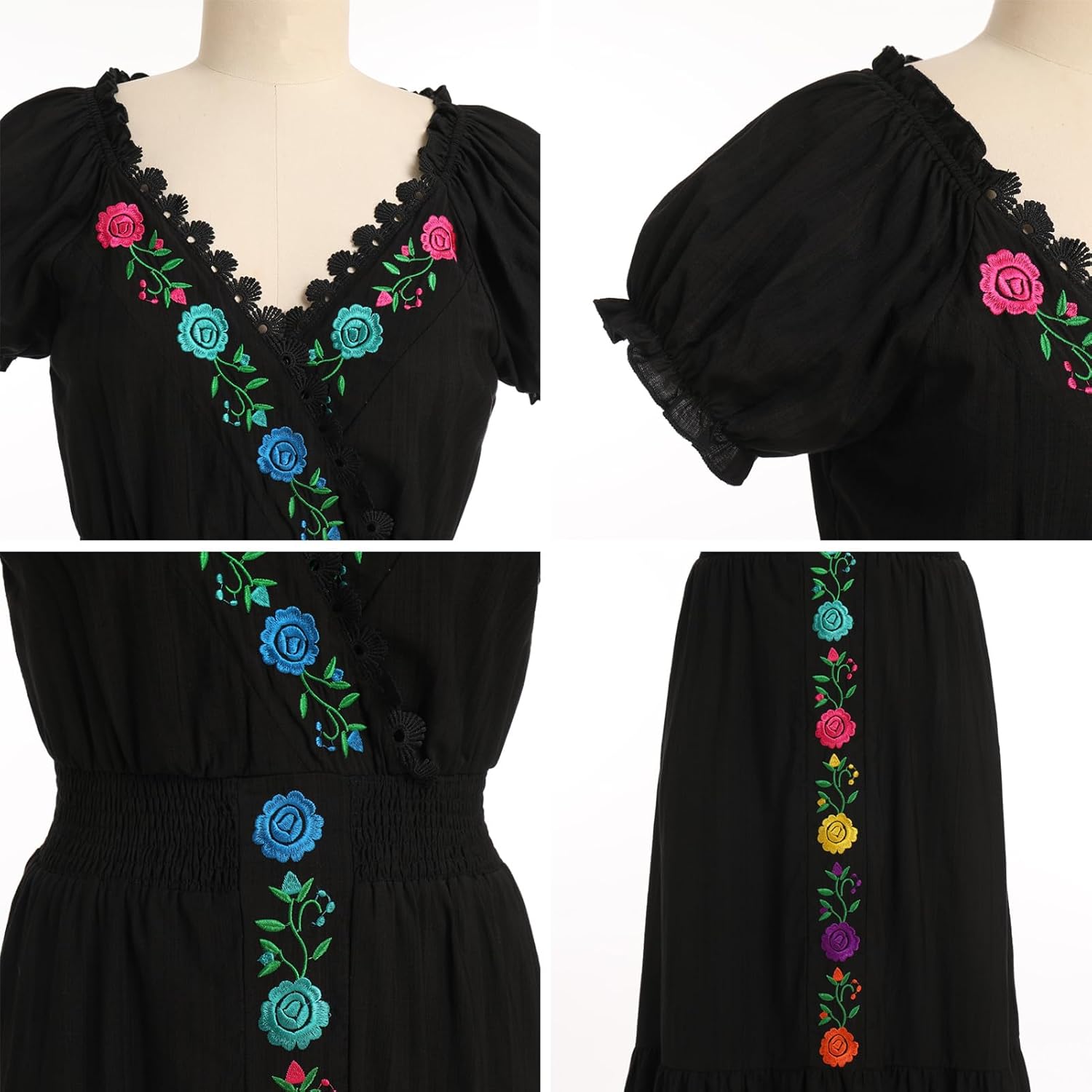 Women Mexican Dress Floral Embroidered Traditional Fiesta Dresses Summer V-Neck Short Sleeve Cinco De Mayo Outfits - Image 5