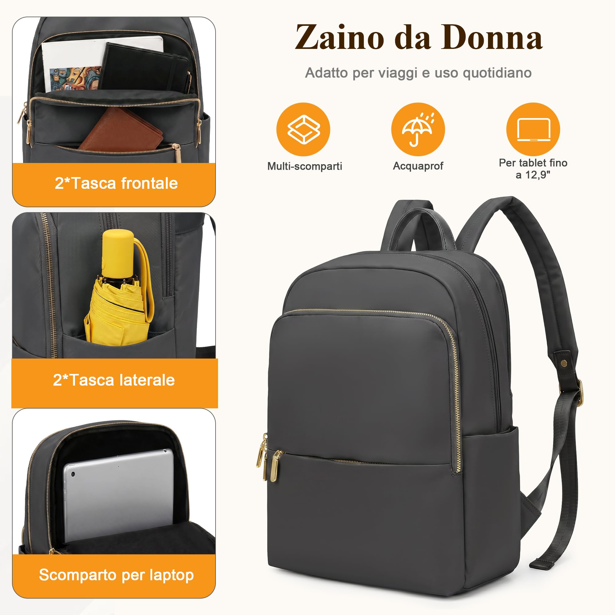 Moda Zaino Donna Casuale Lavoro Zaino Per Laptop Da 14 Pollici Quotidiano Borse A Tracolla Shopping Scuola Viaggio Nylon Impermeabile Leggero Antifurto Zaini Multitasche Grigio B