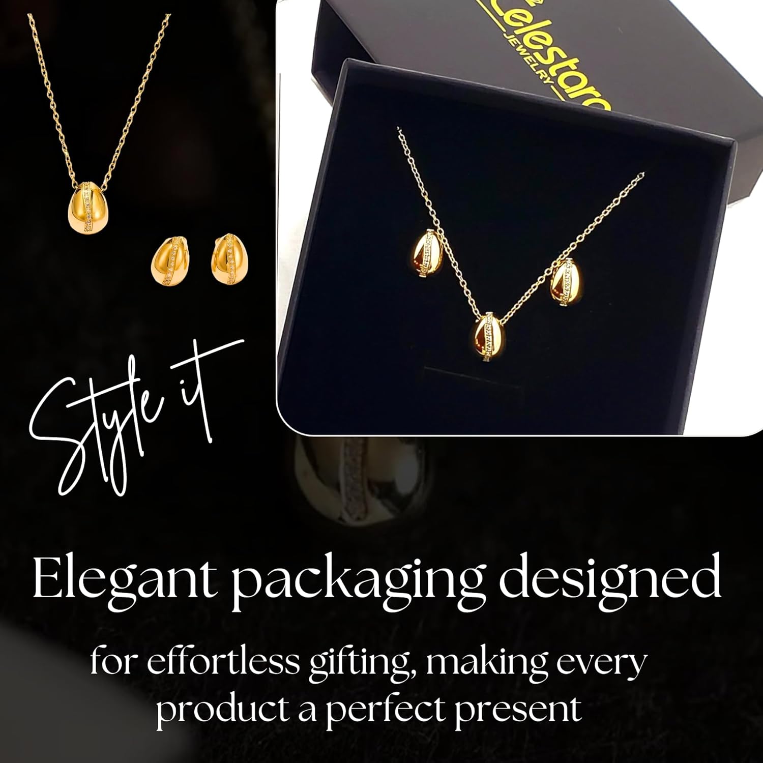 18K Gold-Plated Jewelry Set - European Coffee Bean Design - Dainty Necklace and Earrings with Zircon Accents - Gift Box Included - Image 7