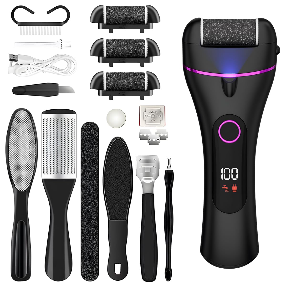Pedicure Elettrico,Rimuovi Calli Piedi Elettrico,Pedicure Piedi Rimozione,con 3 Velocità,3 Rulli Di Ricambio,IPX6 Impermeabile per Talloni Screpolati,Calli,Pelle Morta(Nero)