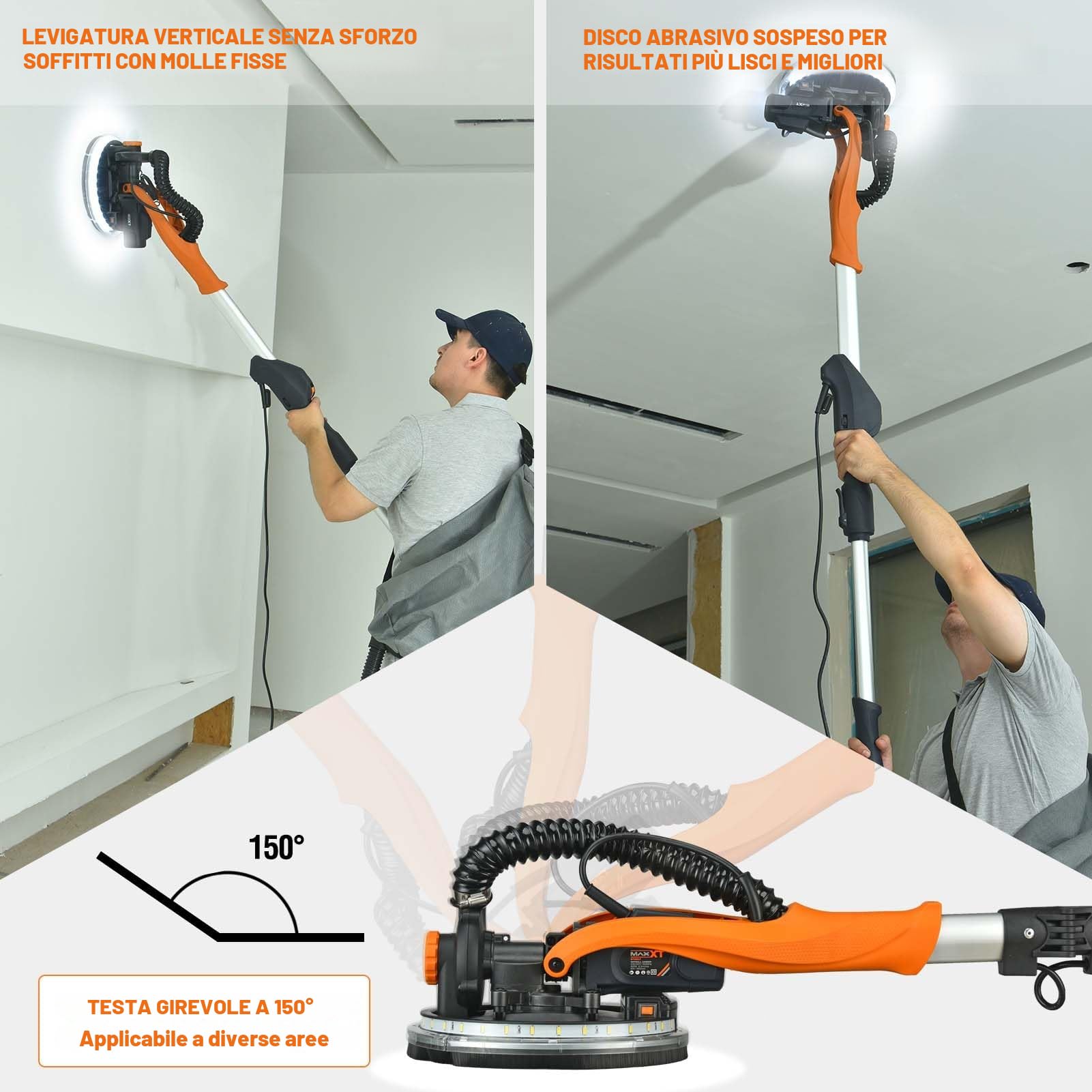 MAXXT Levigatrice per cartongesso Pieghevole Con aspirazione polvere VERO sistema di autoaspirazione Luce LED impugnatura telescopica Velocità variabile Motore 820W Sei dischi abrasivi 225mm