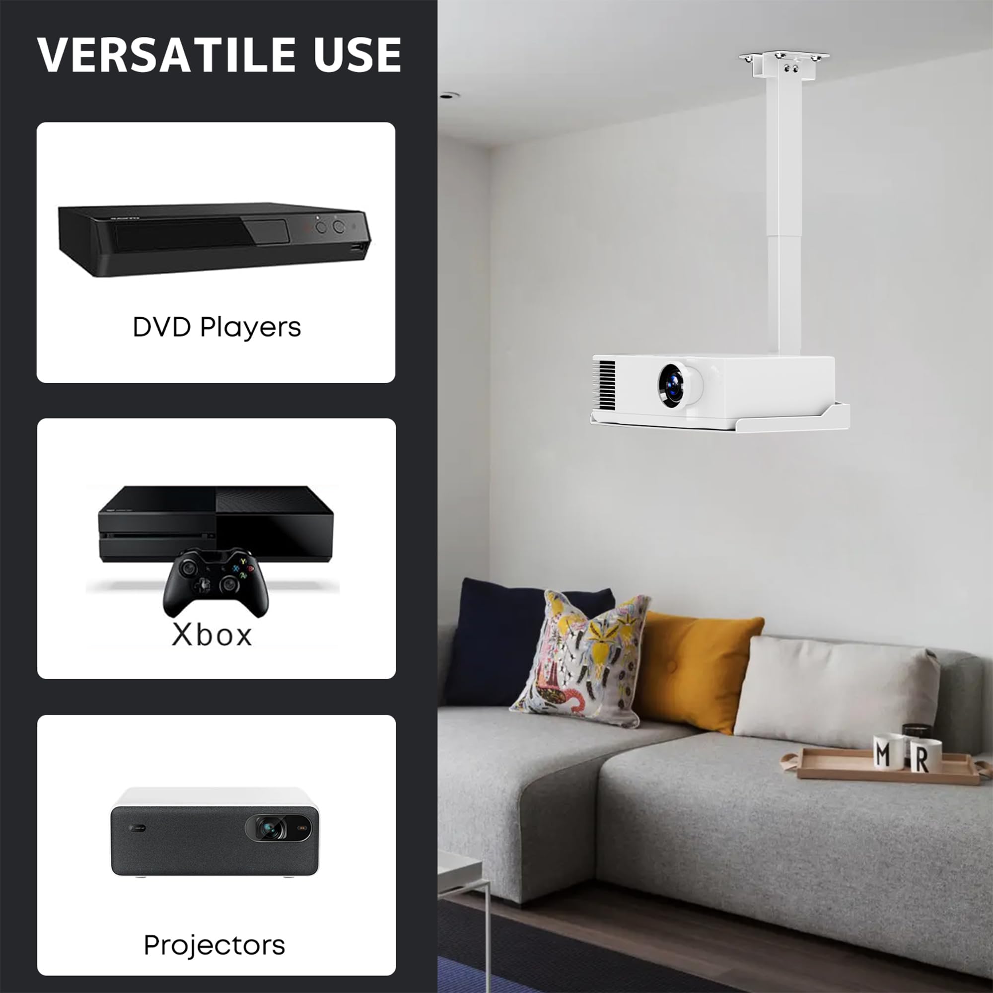 PUTORSEN Supporto Proiettore Soffitto e Parete - Staffa Proiettore Regolabile in Altezza,Installazione Senza Foratura,Gestione dei Cavi Nascosta,Supporto Fino a 10 kg,Bianco