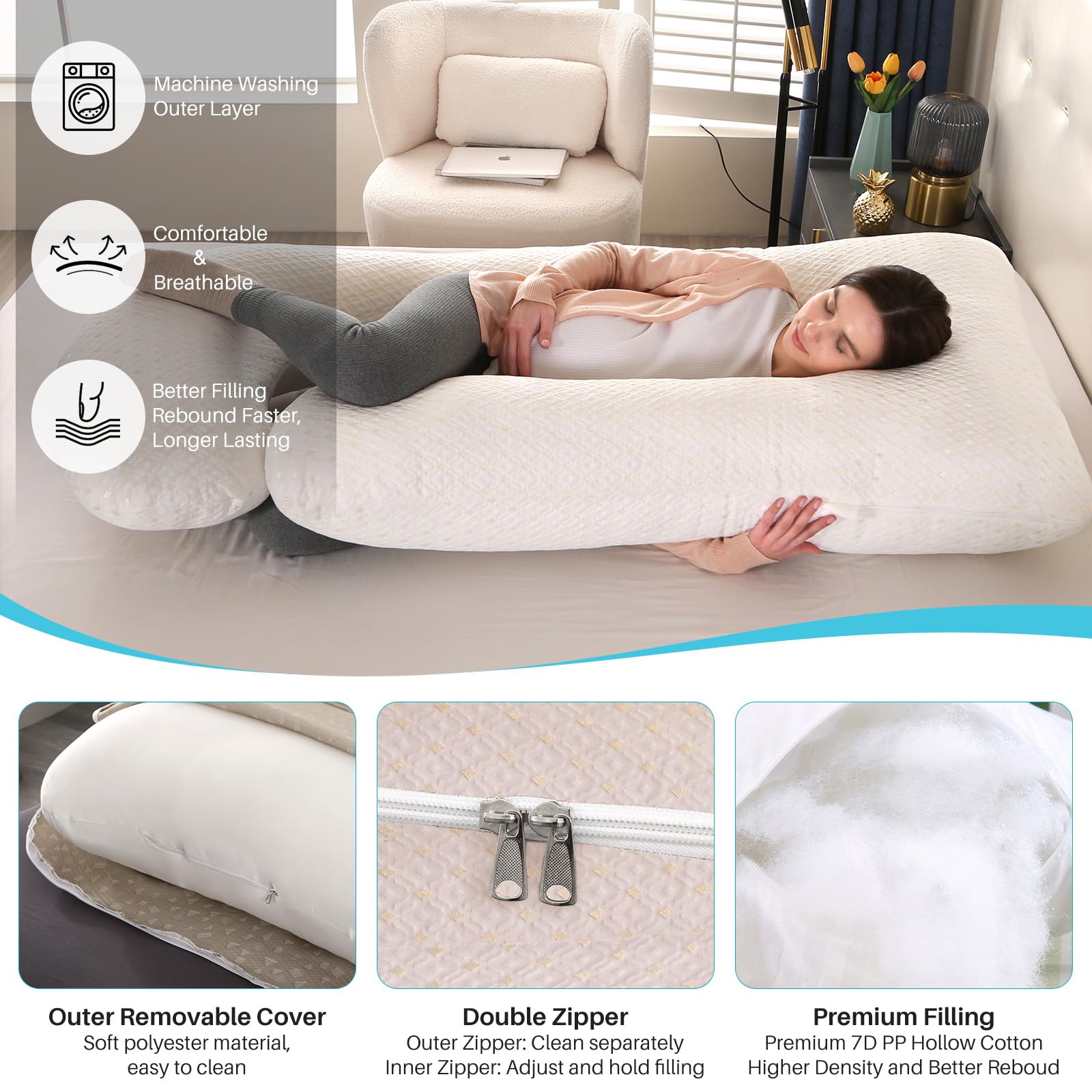 GKXLH Almohada suave de embarazo, almohada de maternidad de cuerpo completo en forma de J para mujeres embarazadas con funda de poliéster, 71 x 145 cm, blanca, lisa, lavable