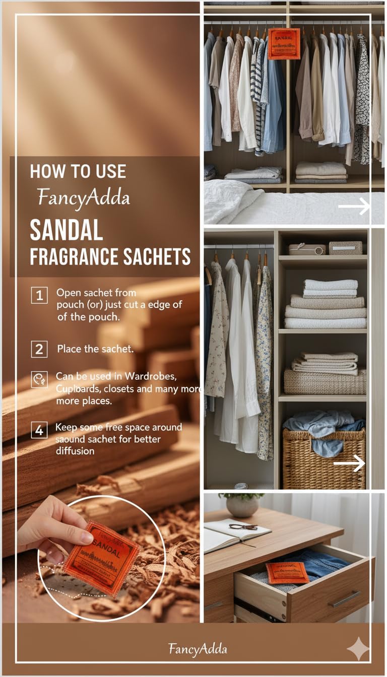 FancyAdda Mysore Sandalwood Fragrance Sachets for Wardrobe & Closet (Pack of 10) | Long-Lasting Chandan Scent for Drawers, Clothes & Car 1