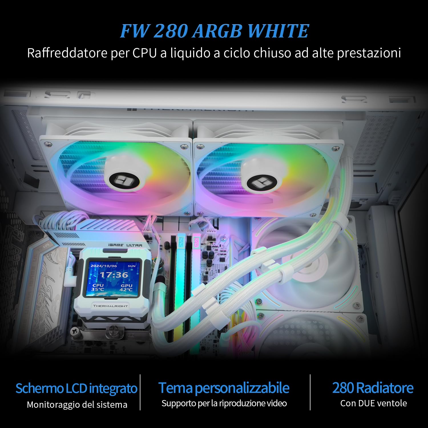 TR FW280 ARGB biały-280 mm AIO CPU Chłodnica cieczy, ekran LCD IPS o rozdzielczości 320x240, do AM4/AM5/Intel LGA1700/1851, magnetyczny chłonny ekran LCD o przekątnej 2,4 cala do zdjęć - biały,