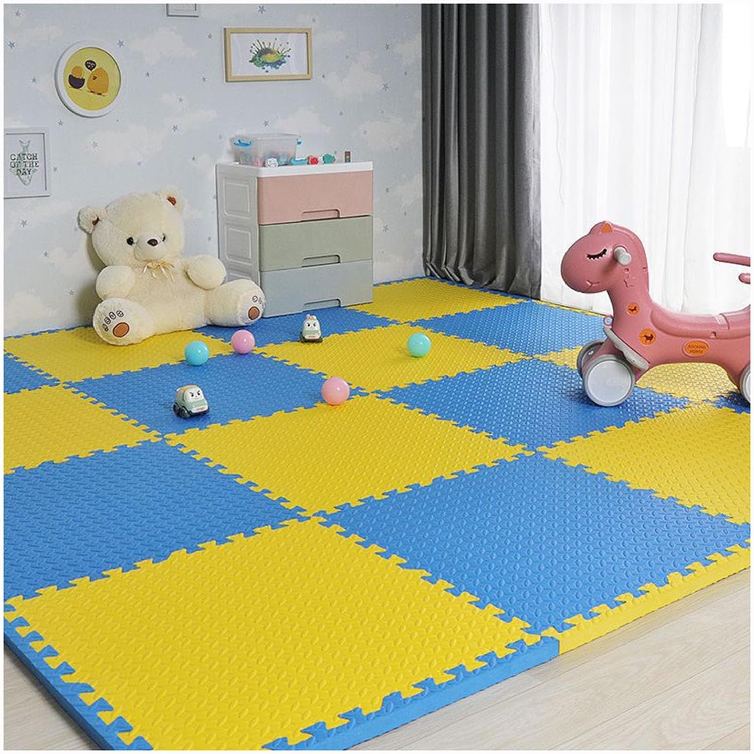JvFbjLF 10 Pcs 30cm/60cm Foam Floor Tiles Square Interlocking Floor Mat DIY Puzzle Play Mat(Blue+Yellow,12x12inch)