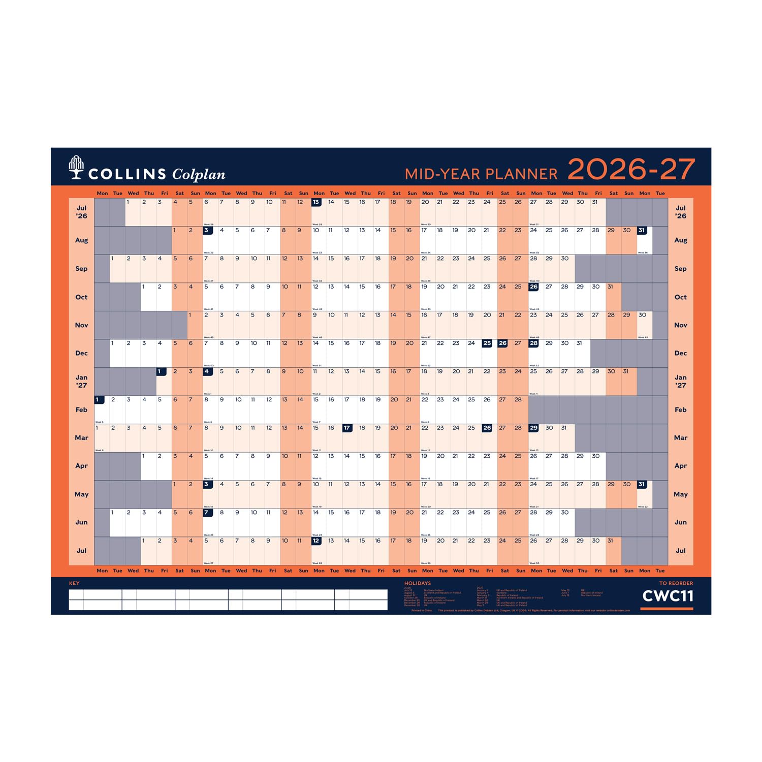 2026-2027 Mid/Academic Year Wall Planner - Collins Debden Colplan Range (CWC11-2627)