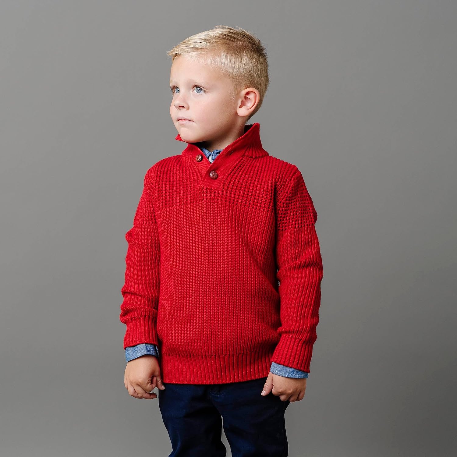 Hope & Henry Baby Boys' Organic Long Sleeve Mock Neck Mix Stitch Button Sweater with Elbow Patches, 18-24 Months, Red Mix Stitch