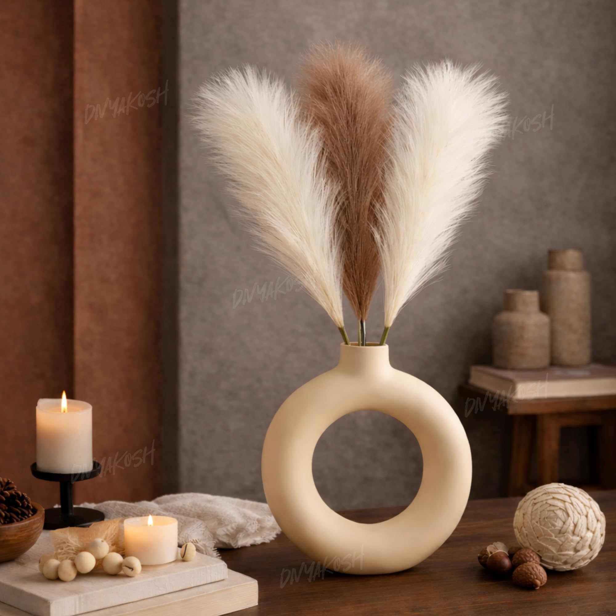 Divyakosh Artificial Pampas Grass 3 Pcs (2 White + 1 Brown) Faux Dried Flowers Small Flower Stems for Home Decor, Living Room, Bedroom, Table Vase Decoration Office Boho Decor (41 cm, No Vase)-image-8