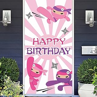 Ninja Samurai Happy Birthday Banner Backdrop Pink Warrior Shinobi Theme Decor Decorations for Girls Princess 1st Birthday Party Baby Shower Supplies Favors Background Photo Booth Props Flag Kit