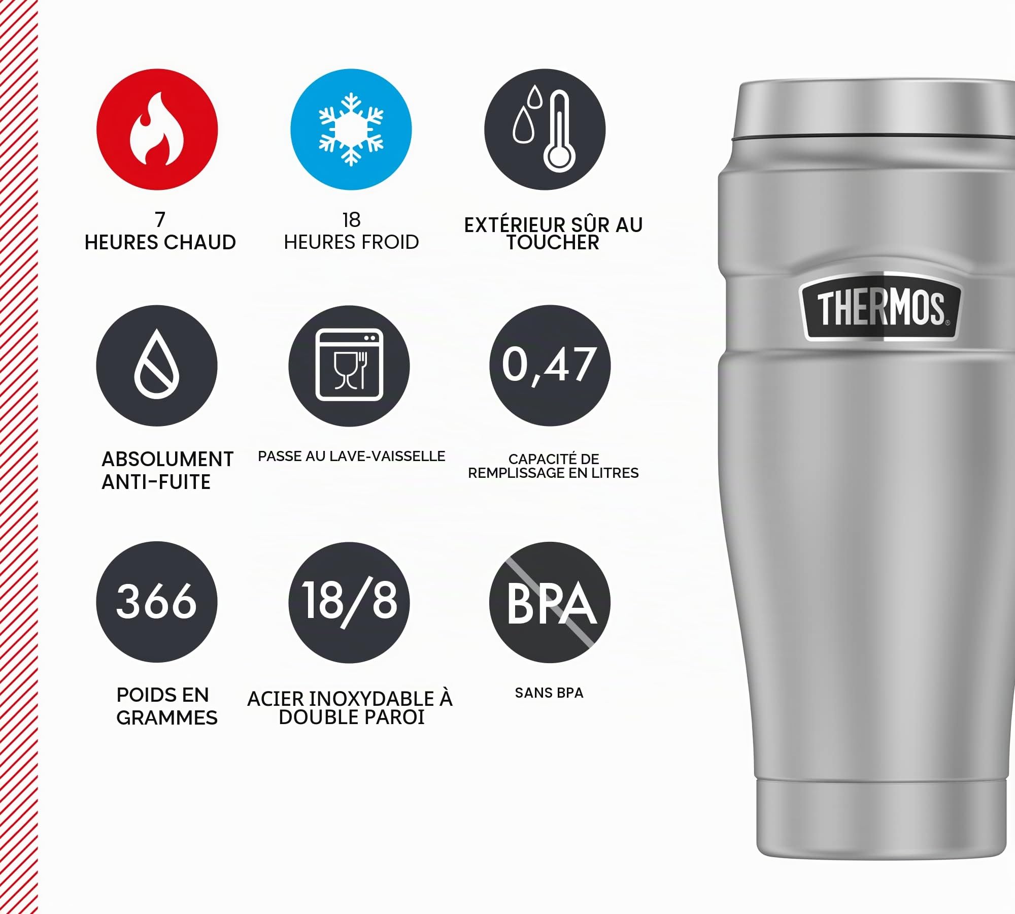 Thermos 4002.248.047 Gobelet isotherme Stainless King, 0,47 l, Acier inoxydable, acier inoxydable, 8,4x8,4x19,8 cm