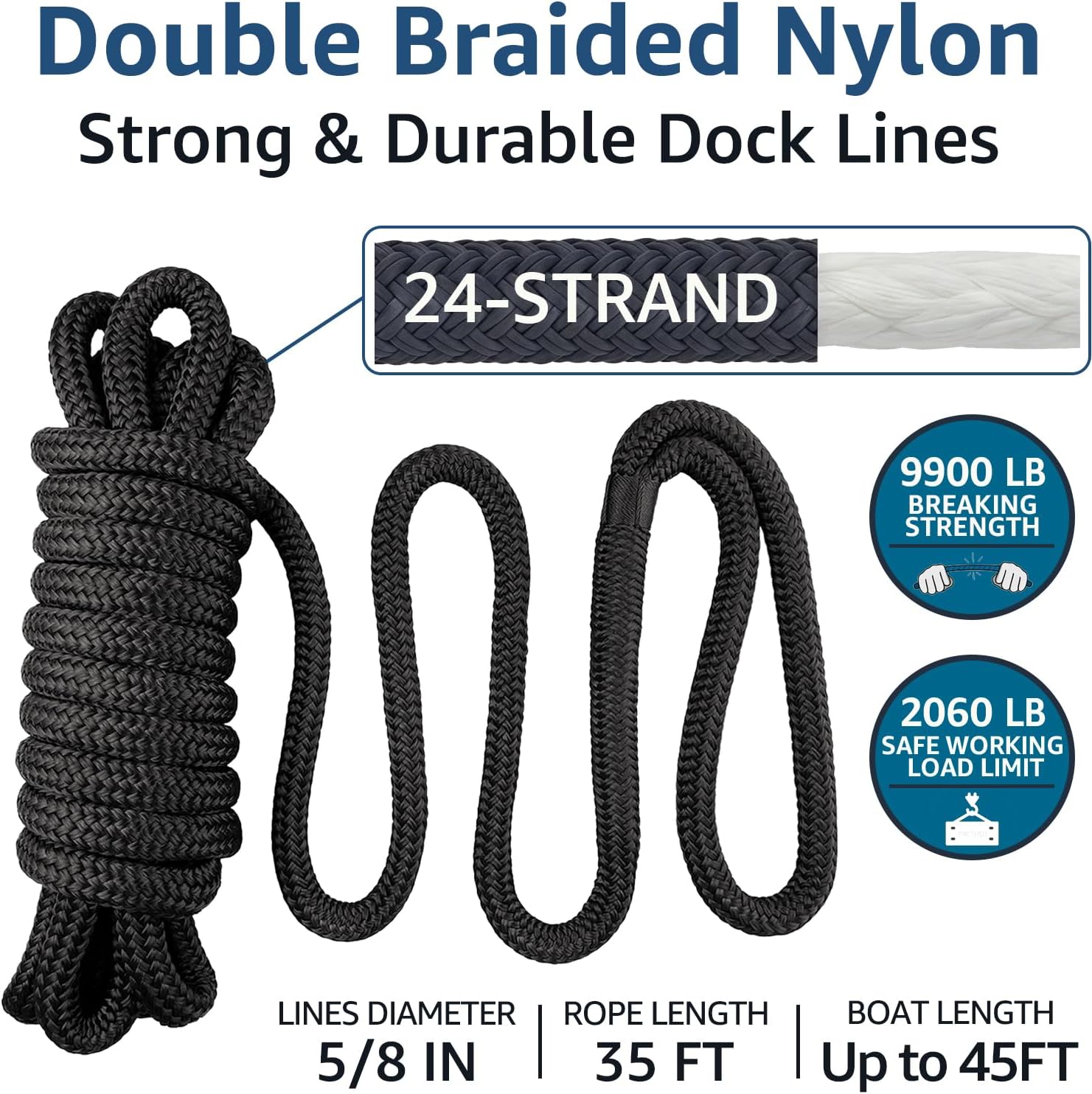 2 pack 5/8" x 35' dock lines - marine grade nylon boat rope with 16" loop for docking and mooring - double braided boat lines, high strength, easy handling, fray resistant - black 5/8" x 35' (pack of 2)