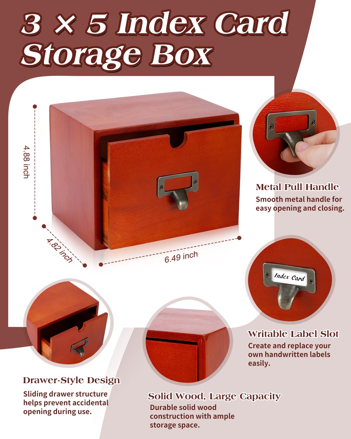Organiseur de cartes d'index en bois massif avec tiroir pour cartes de recettes, cartes flash, cartes de visite, intercalaires et 150 cartes de couleur 7,6 x 12,7 cm