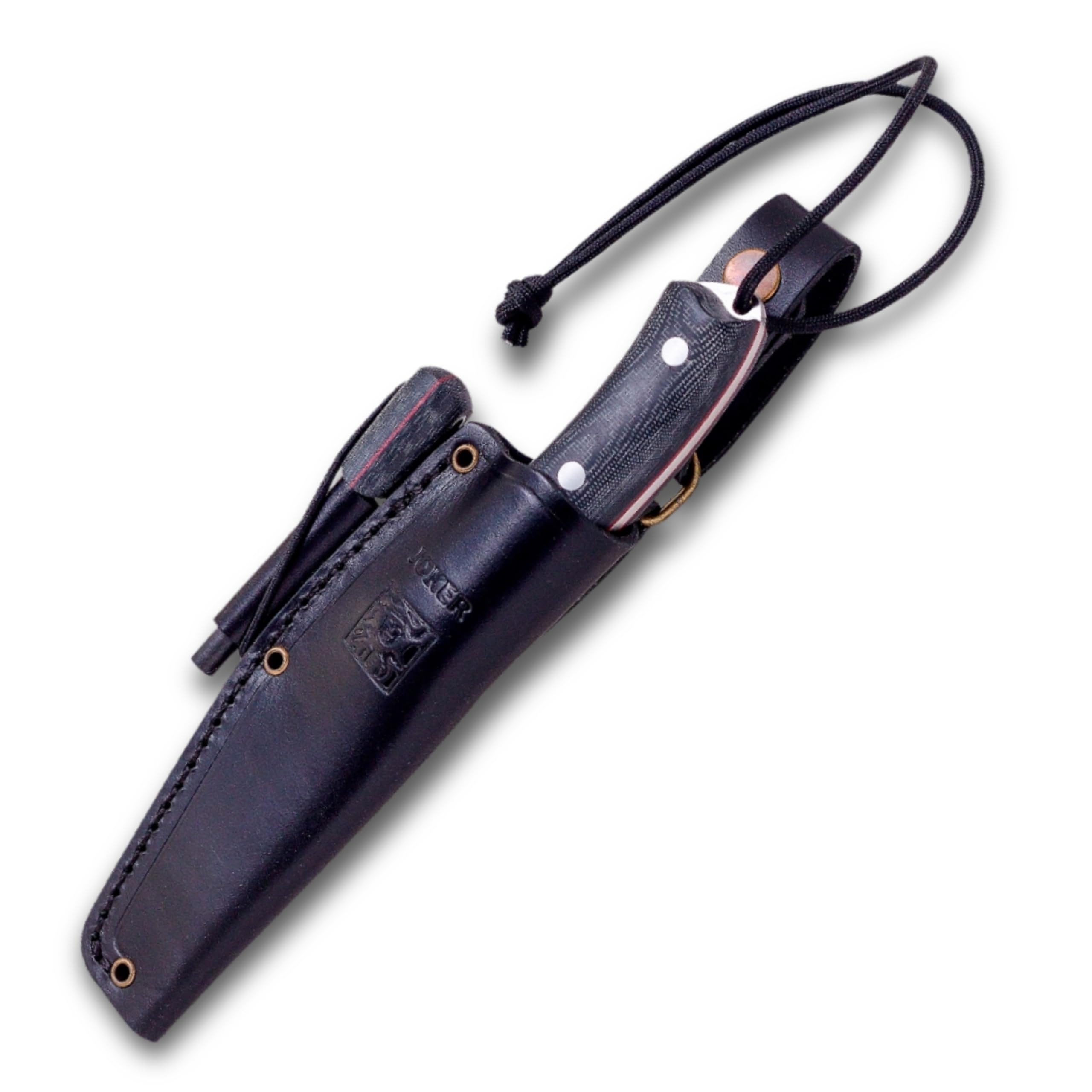 Joker Cuchillo Bushcraft deportivo Bushcrafter CM120-P, mango micarta negra, hoja de 10,5 cm, funda piel con pedernal y rascador, Herramienta de pesca, caza, camping y senderismo