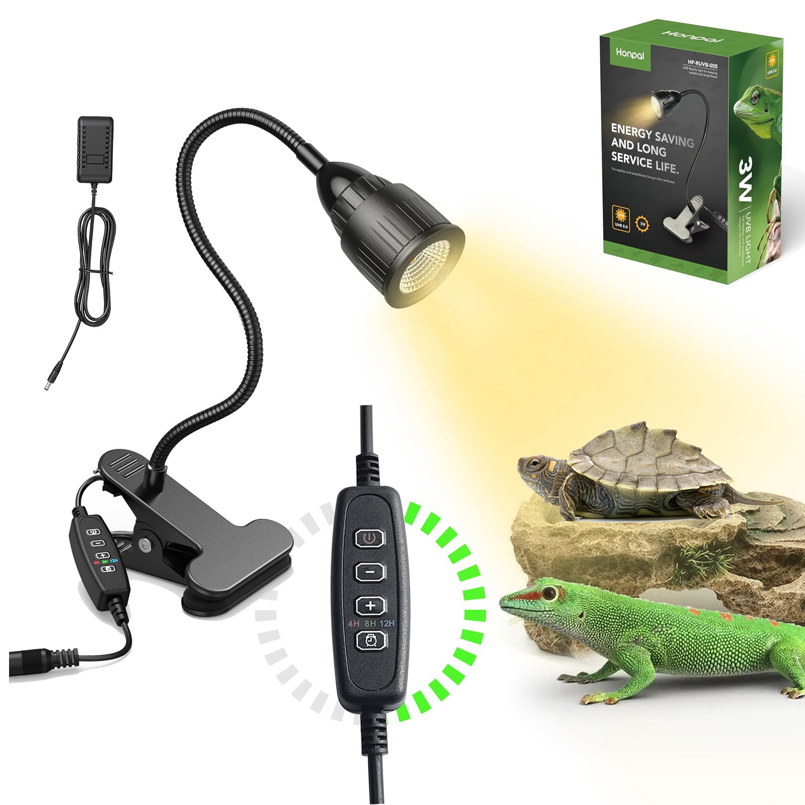 Honpal Terrarium Lamp UVA+UVB LED Reptile Lighting 3Watt Sunlight Compact Lamp for Reptiles and Amphibians, Turtle Bearded Dragons Chameleon Snake, E27 Sockets 360° Rotatable Light