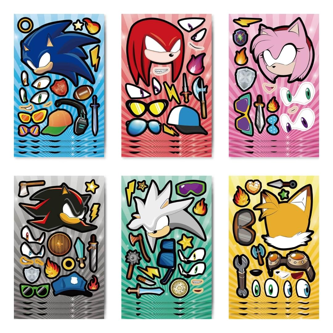 Sonic Style Stickers for Kids -24 Sheets Different Make a Face Crafts Sticker Sheets,Birthday Party Favor Supplies Themed Birthday Parties and Events! Hedgehog Heroes