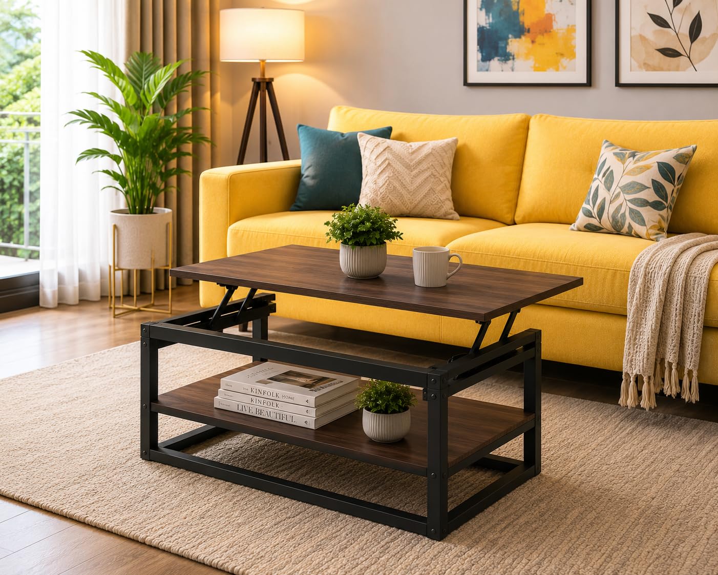 InnoFur Wooden Lift Top Coffee Table with Storage Shelf | Adjustable Lift-Up Center Table for Living Room | Multipurpose Table for Work, Dining & Storage | Natural Wood Finish Design (Brown)-image-9