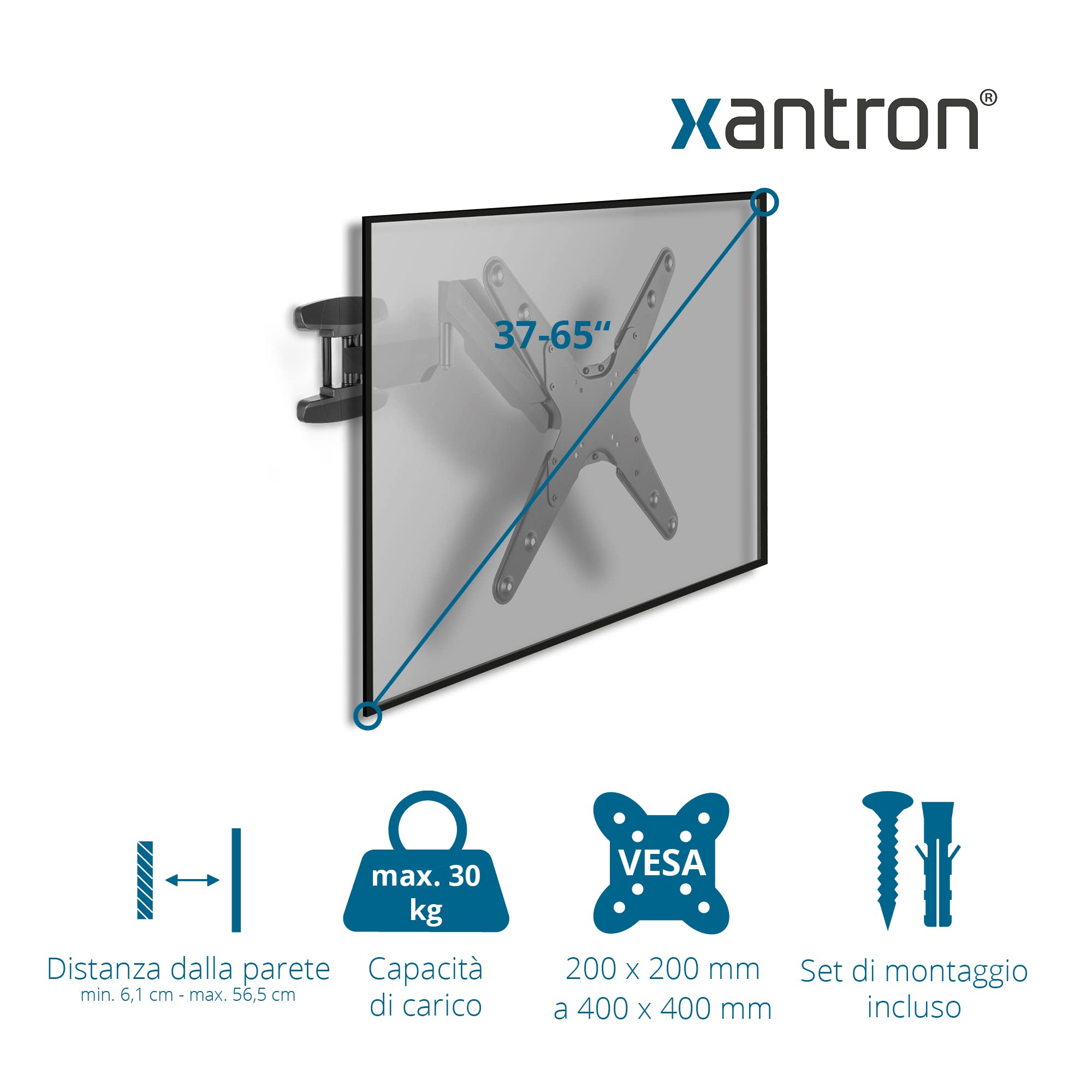 Xantron® ERGOLINE-440B Porta TV girevole inclinabile/Supporto TV muro 23-55 pollici/Staffa TV slim/Braccio tv - incluso materiale di montaggio