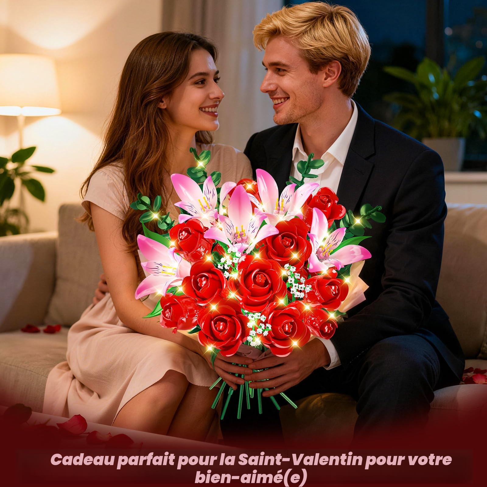 CUBIMANA Kit de Bouquet Fleurs avec LED - Roses Rouges et alstroemères Roses, Collection botanique 22 Fleurs artificielles, décoration Plante intérieure, Cadeau pour Femmes/Adultes
