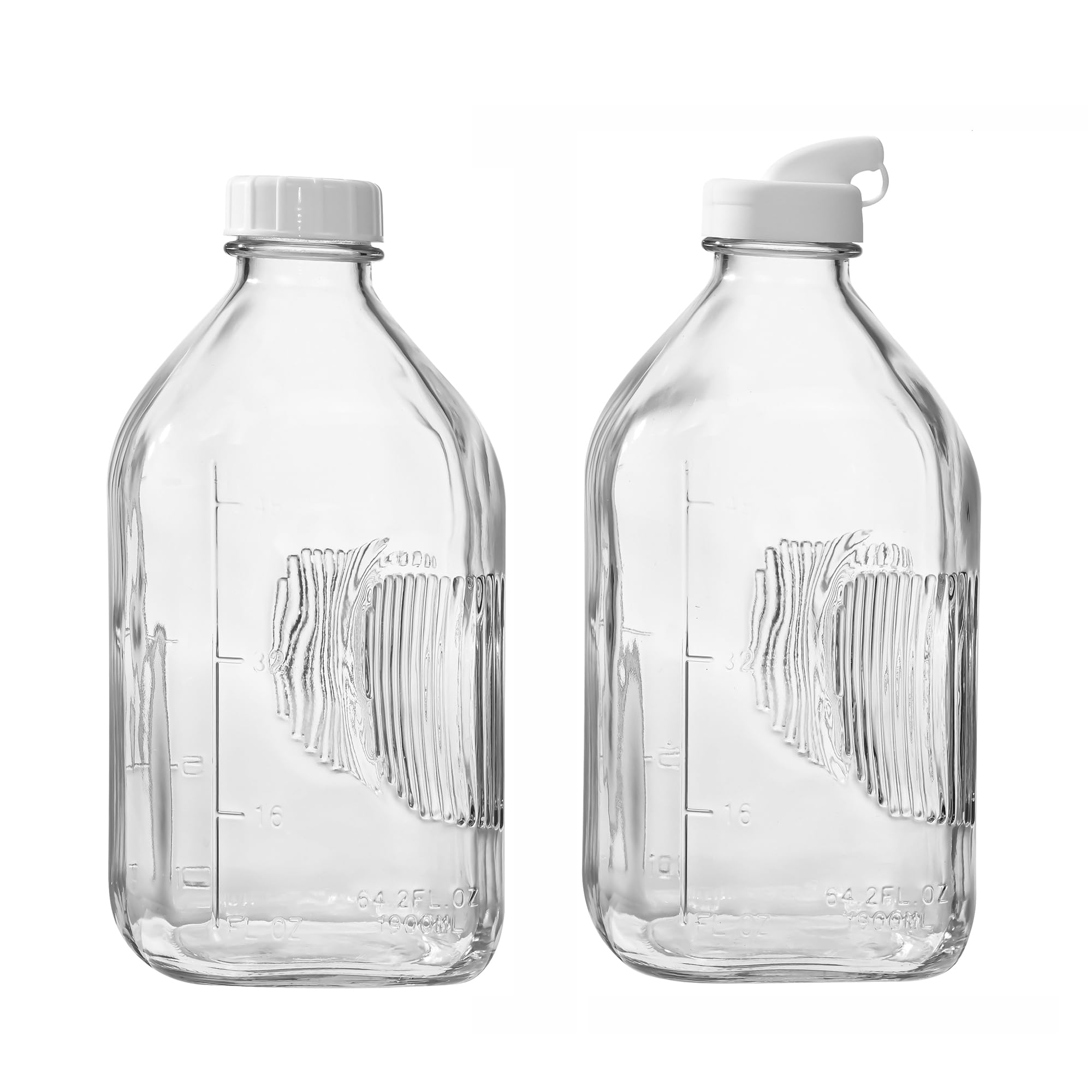 Fox Run Clear Large Glass Milk Bottles, Set Of 2 64Oz/2 Quart Capacity Glass Bottles With Airtight And Pouring Lids