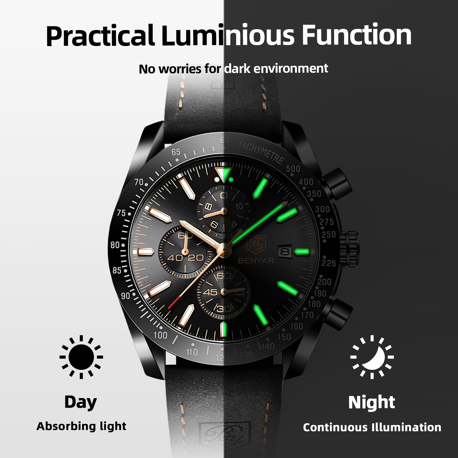 BY BENYAR Orologio Uomo Cronografo Analogico al Quarzo Impermeabile Orologi Sportivo Moda Classico Elegante Orologio da Polso Uomo Cinturino Pelle/Acciaio