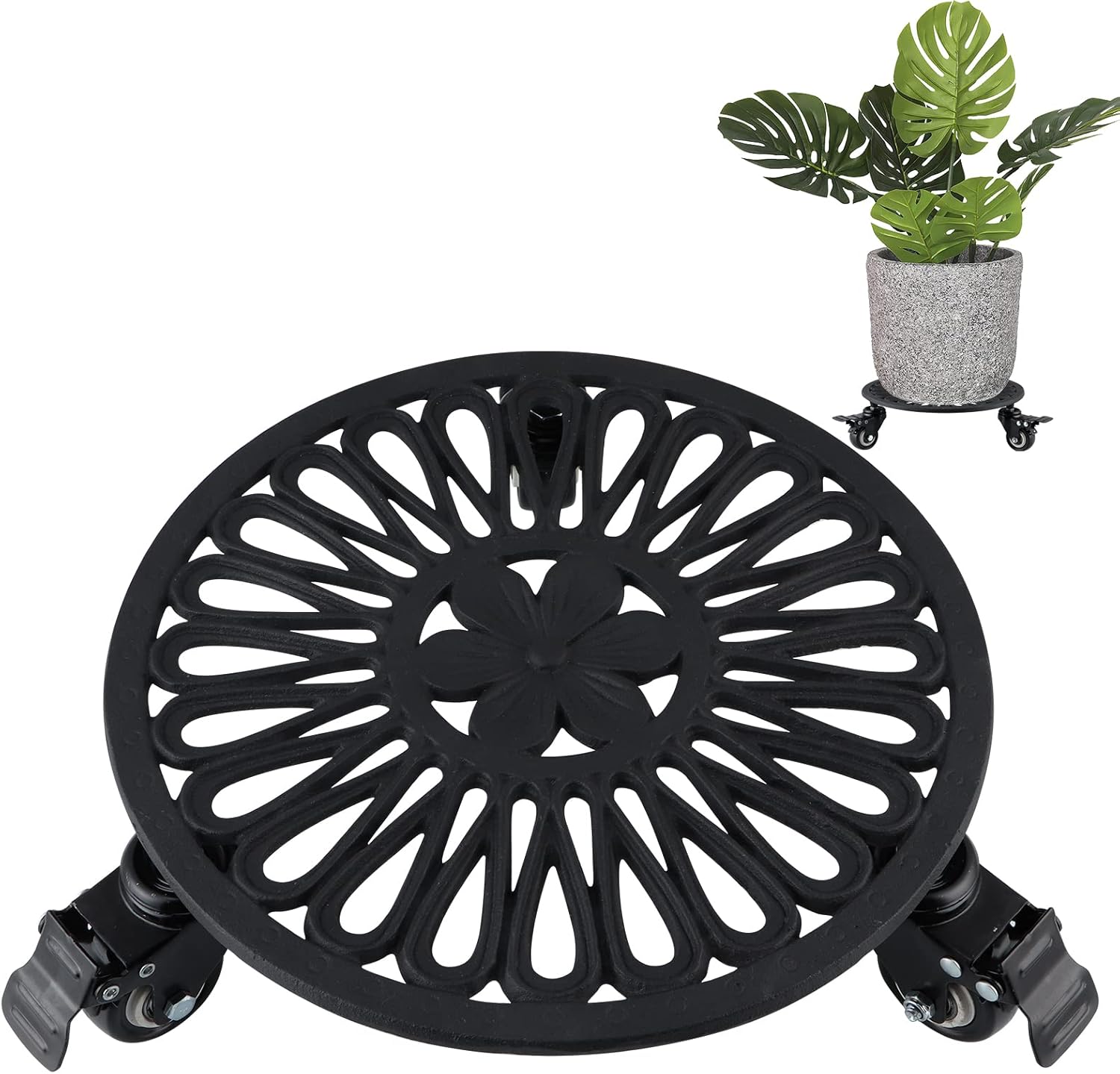 MDLUU Cast Iron Plant Caddy, 30cm Planter Trolley with Lockable Wheels, Heavy Duty Plant Pot