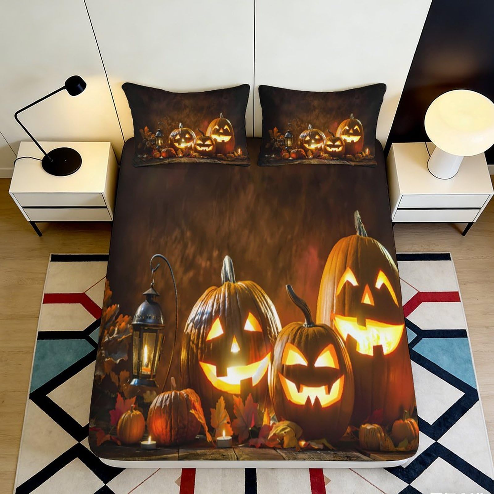 3D Printed Halloween Pumpkin Fitted Sheet Microfiber Orange Black Bed Cover Lantern Decor for Bedroom Guest Room 90x200x25cm