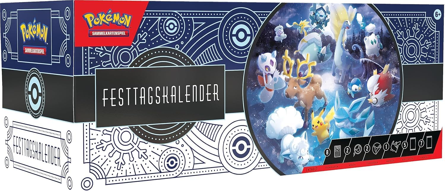 Pokemon Festtagskalender 2023 Adventskalender (Booster, Münzen, Sticker & Karten) DEUTSCH + BB-Toy-Trades Toploader