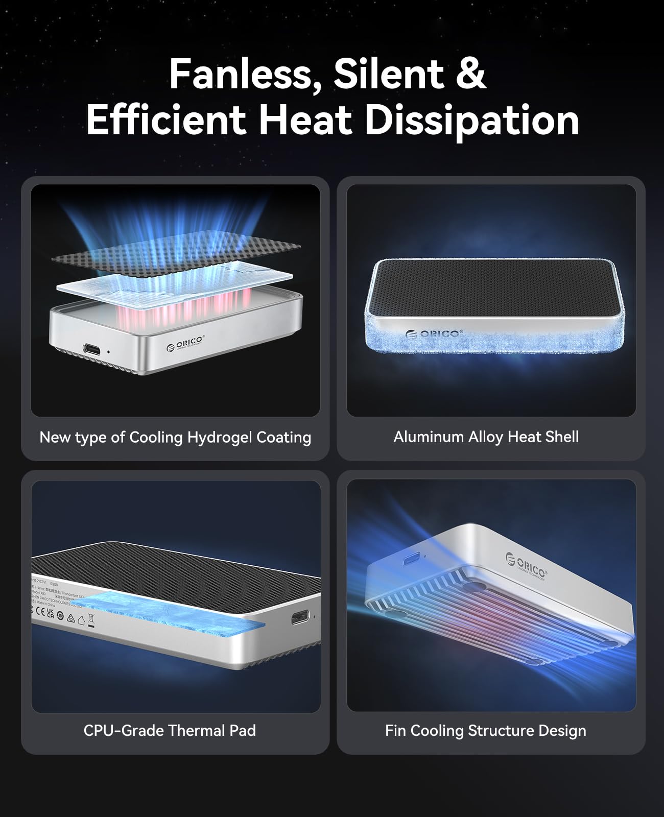 ORICO 80Gbps M.2 NVMe SSD Enclosure, Compatible with Thunderbolt 5/4/3/USB4 Interface, Fanless Silent Cooling, Supports M-Key 2280 NVMe SSDs for High-Speed Data Transfer on Mac/PC(Without SSD)-X50 Pro - Additional View