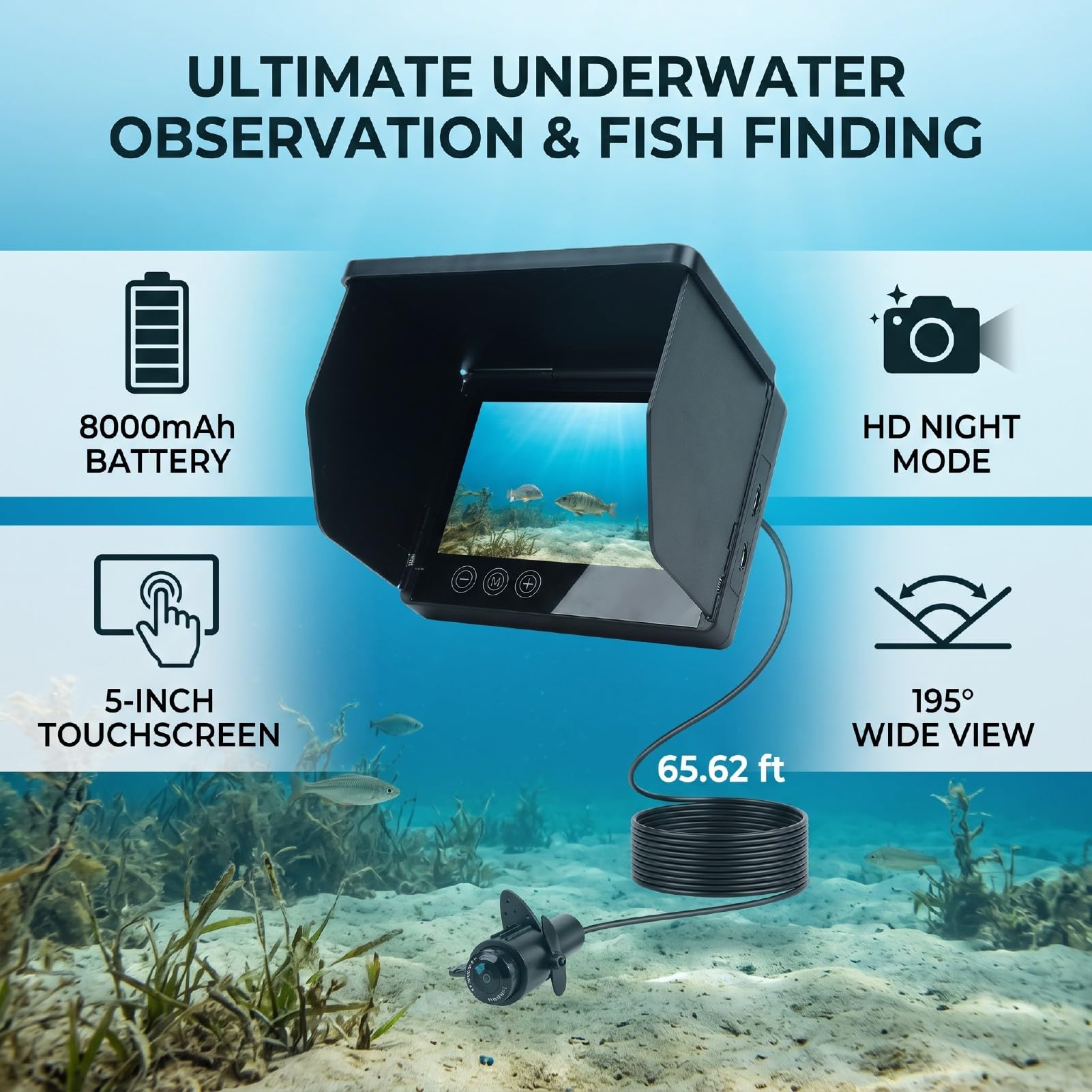 ASHATA Cámara de Pesca Submarina 8000mAh IP68 Pantalla Táctil de 5 Pulgadas