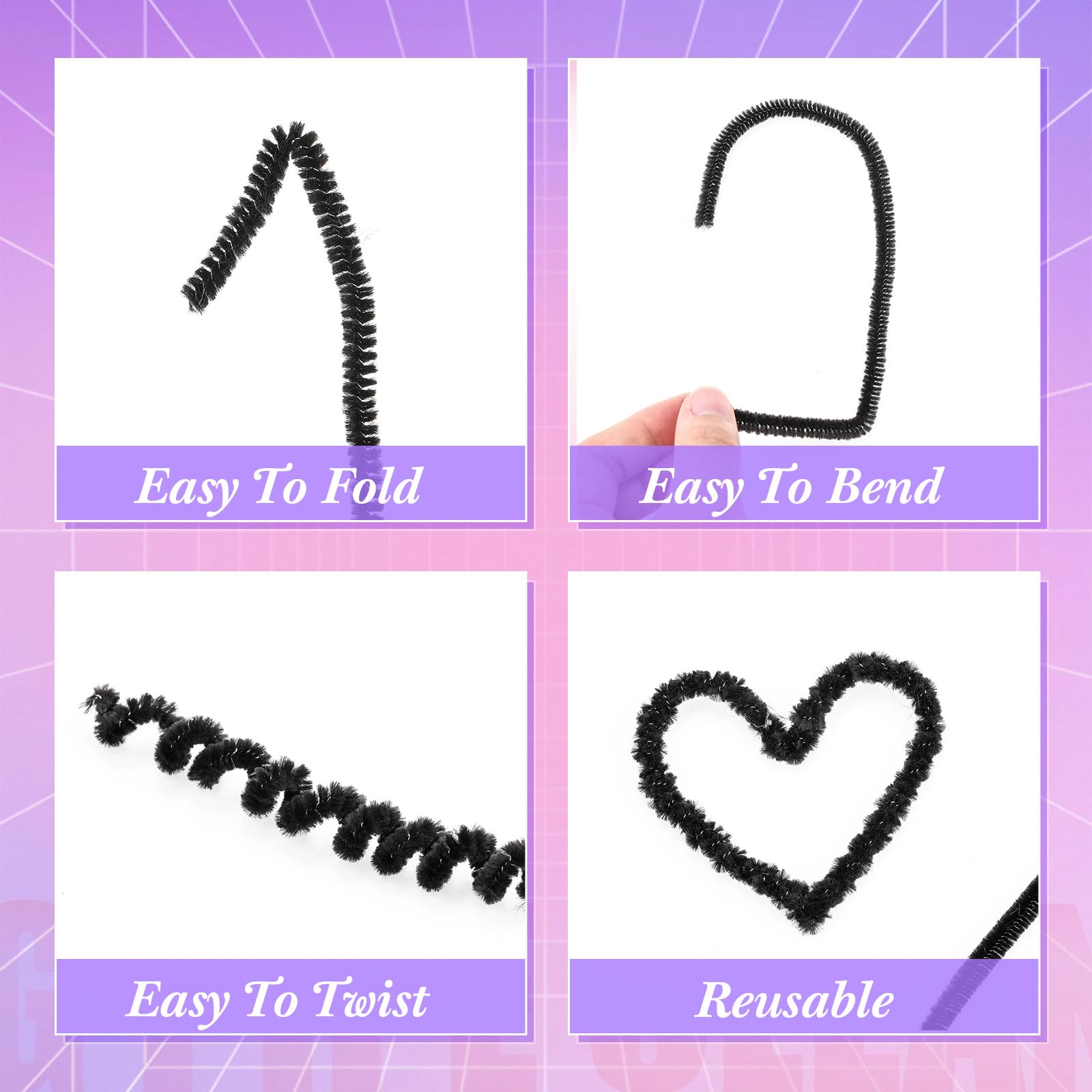 RoundFunny Pfeifenreiniger, extra lang, schwarz, 6 mm x 91,4 cm, Chenille-Stiel, Bastelzubehör für Anfänger, Haare, DIY, Kunst, Projekt, Dekorationen, 100 Stück