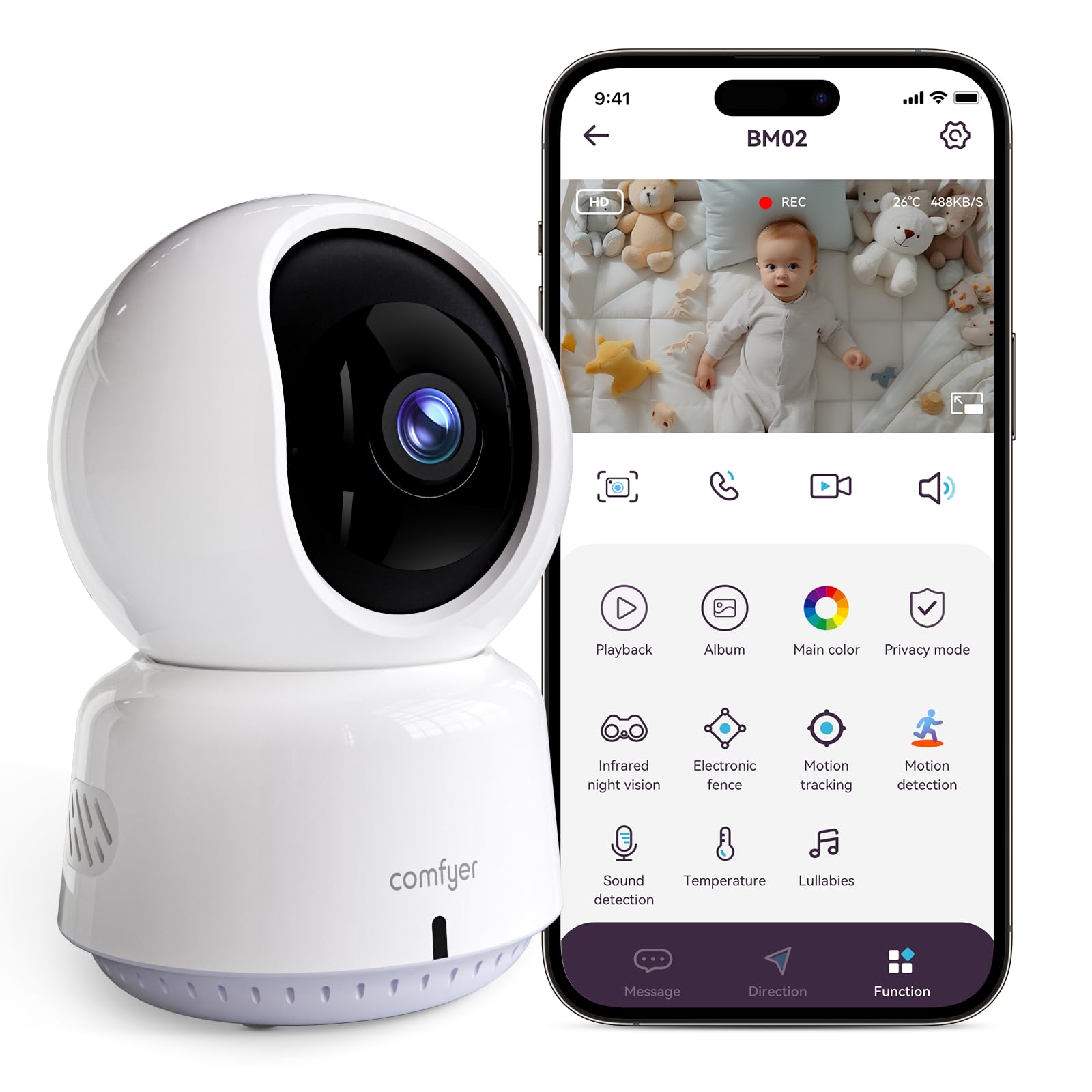 Comfyer telecamera con monitor per bambini di sorveglianza interna girevole con audio bidirezionale, schermo diviso in 4 parti, rilevamento del movimento, visione notturna a infrarossi