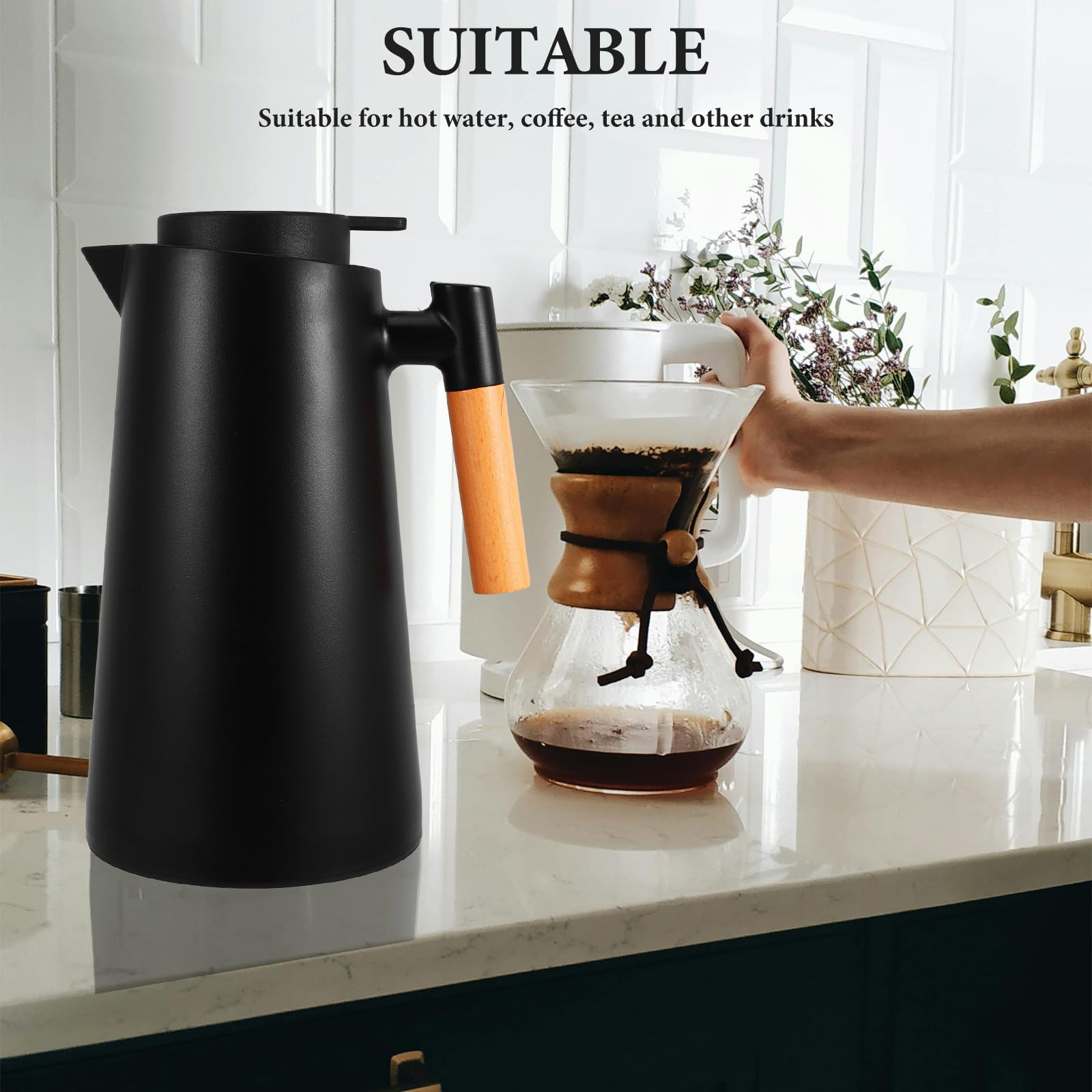 Thermoskanne 1000ml Schwarz mit Griff und Deckel Vakuumisolierte Glasflasche Hält Getränke Heiß oder Kalt Leicht und Stilvoll für Büro oder Zuhause