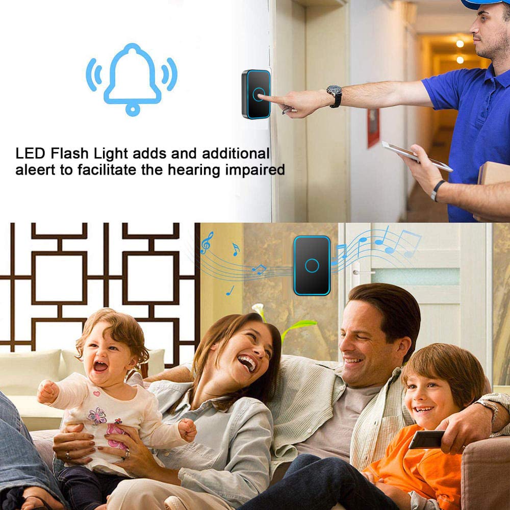 Timbre inalámbrico IP55 resistente al agua, kit de timbre de puerta con 4 receptores enchufables y 2 transmisores, destellos LED/antiinterferencias, 60 timbres, 5 niveles de volumen, rango de trabaj