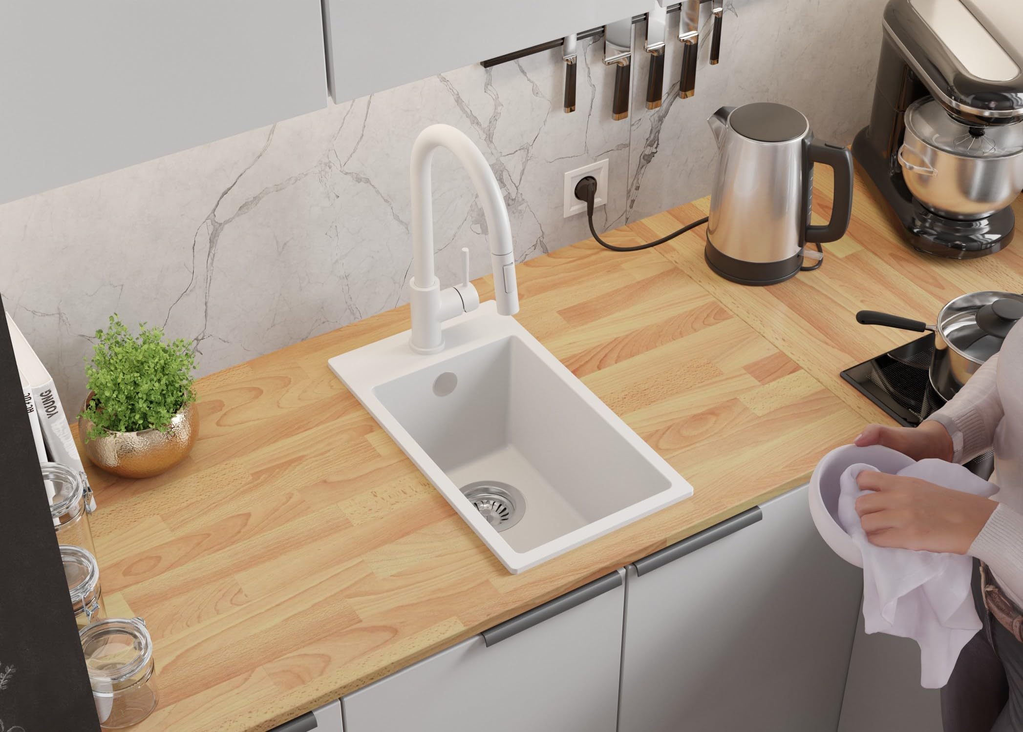 PRIMAGRAN Evier Cuisine en Granit Tout Blanc 28x50cm, Lavabo 1 bac + Robinet 32x20cm + Kit de Vidage, Évier à Encastrer au Meuble 30cm - Riga S014