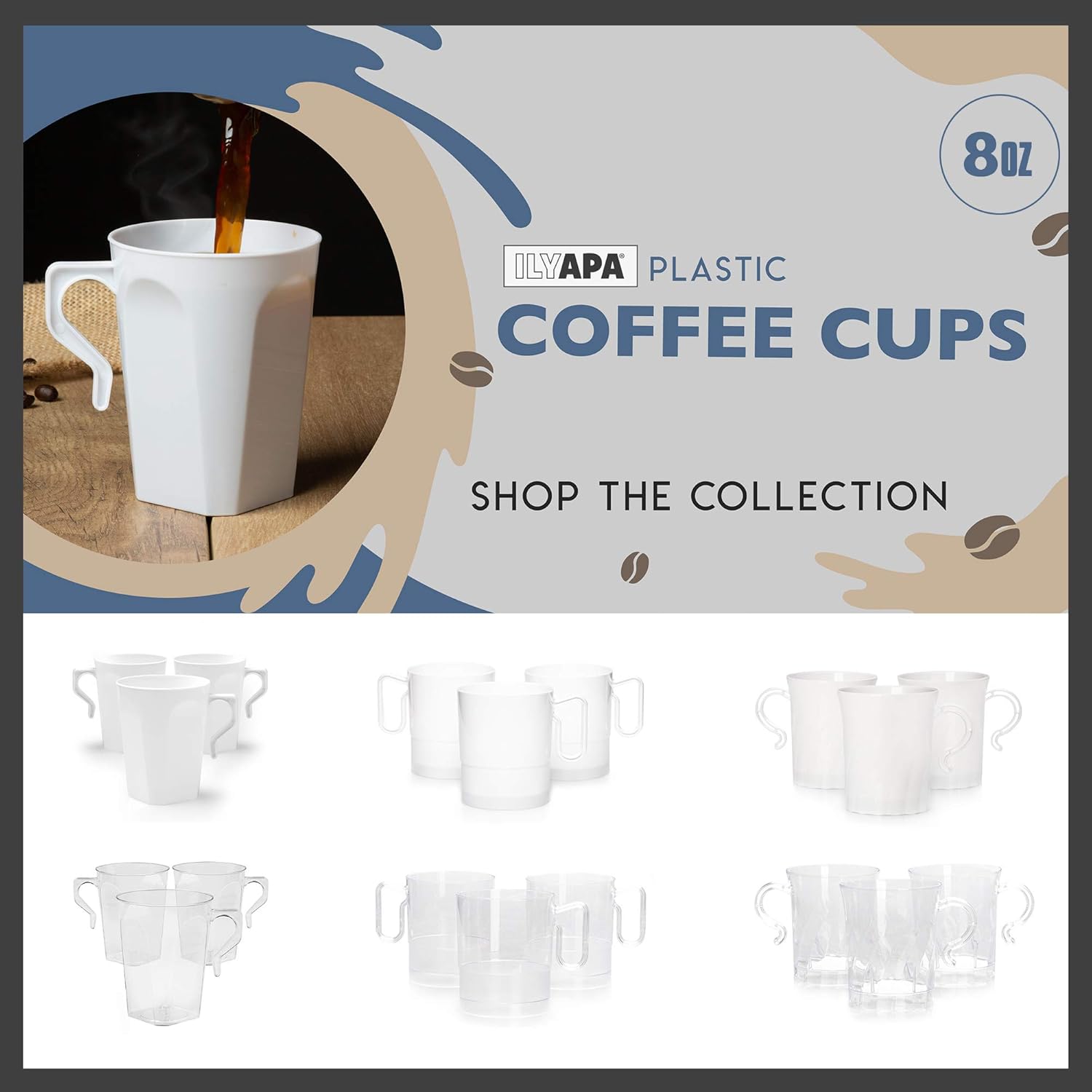 Ilyapa 50 Plastic Coffee Cups with Handles, 8 oz White - Disposable or Reusable Mug Pack - Image 6