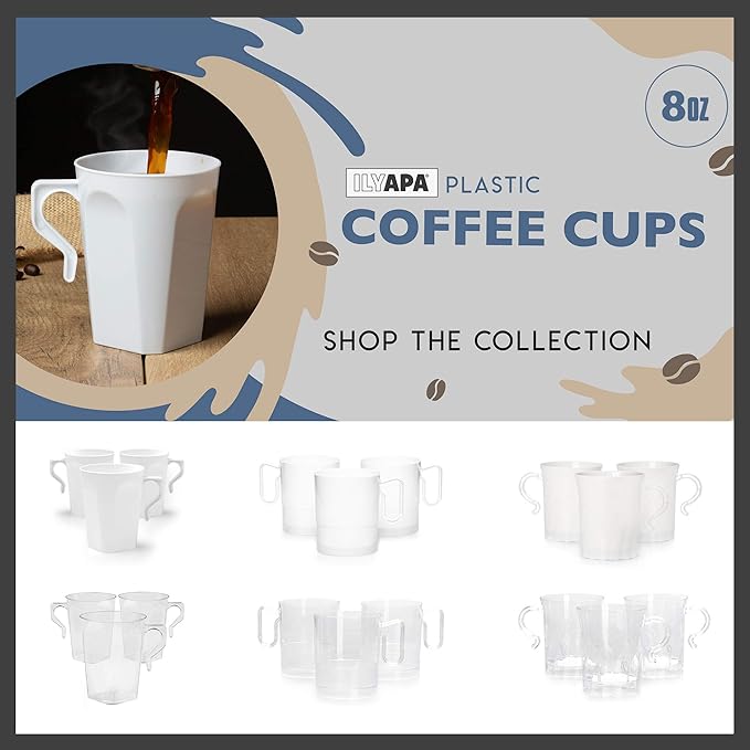 Amazon 取っ手付きプラスチックコーヒーカップ 使い捨て 再利用可能 ティーマグパック 複数のサイズと色 8オンス 円形 ホワイト 100個パック Ilyapa 使い捨てドリンクカップ