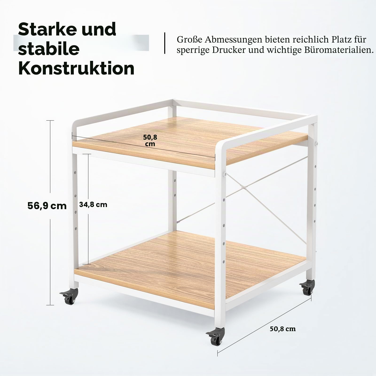 THMINS Großer Untertisch-Druckerständer, 2-stöckiger Druckerwagen mit robusten Metallrädern und Verstellbarer Ablage, 50,8 cm tief, Ahorn