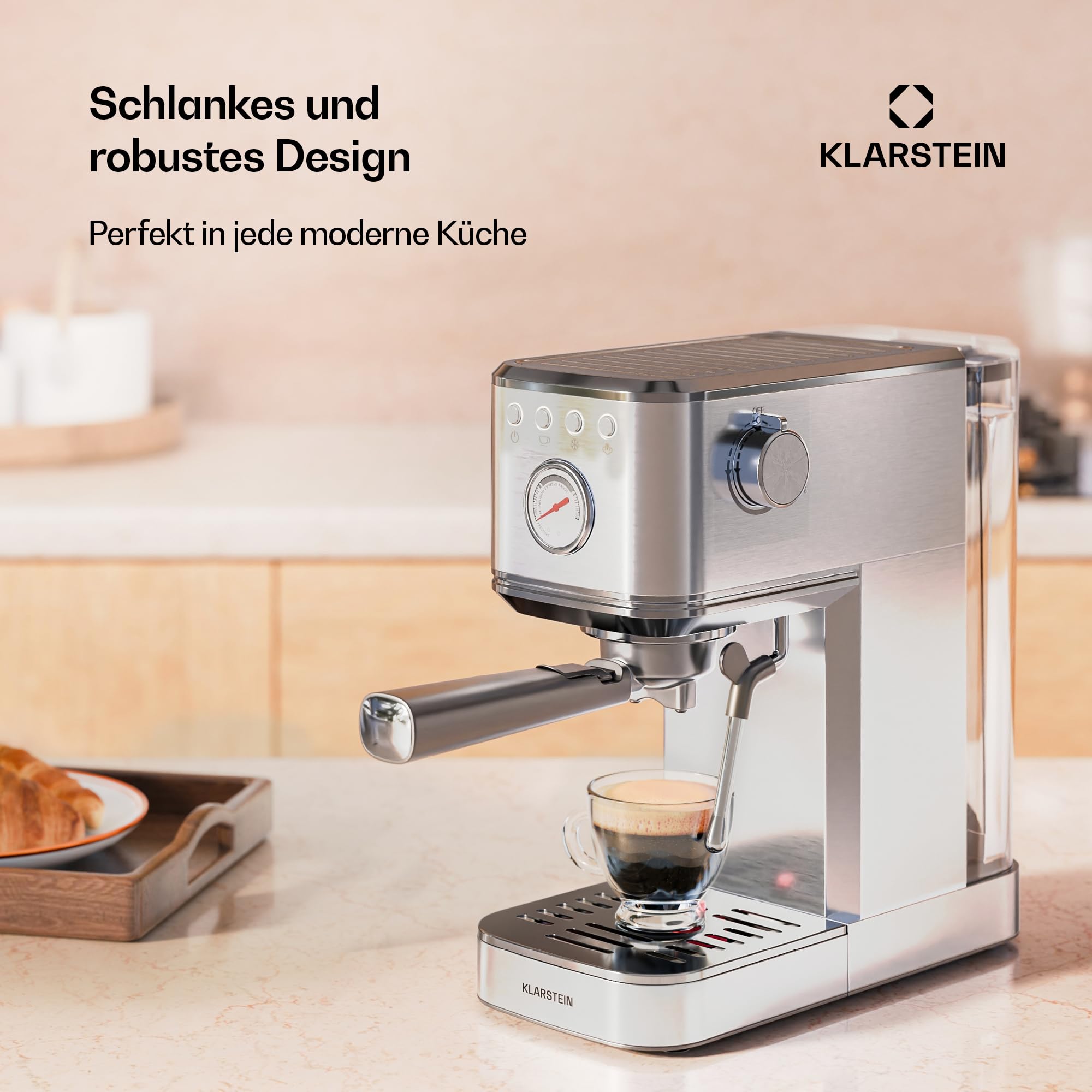 Klarstein SteelPresso Slim Siebträgermaschine 20-Bar 1350W Edelstahl 1,2L Wassertank Dampfdüse Kompakt Espressomaschine