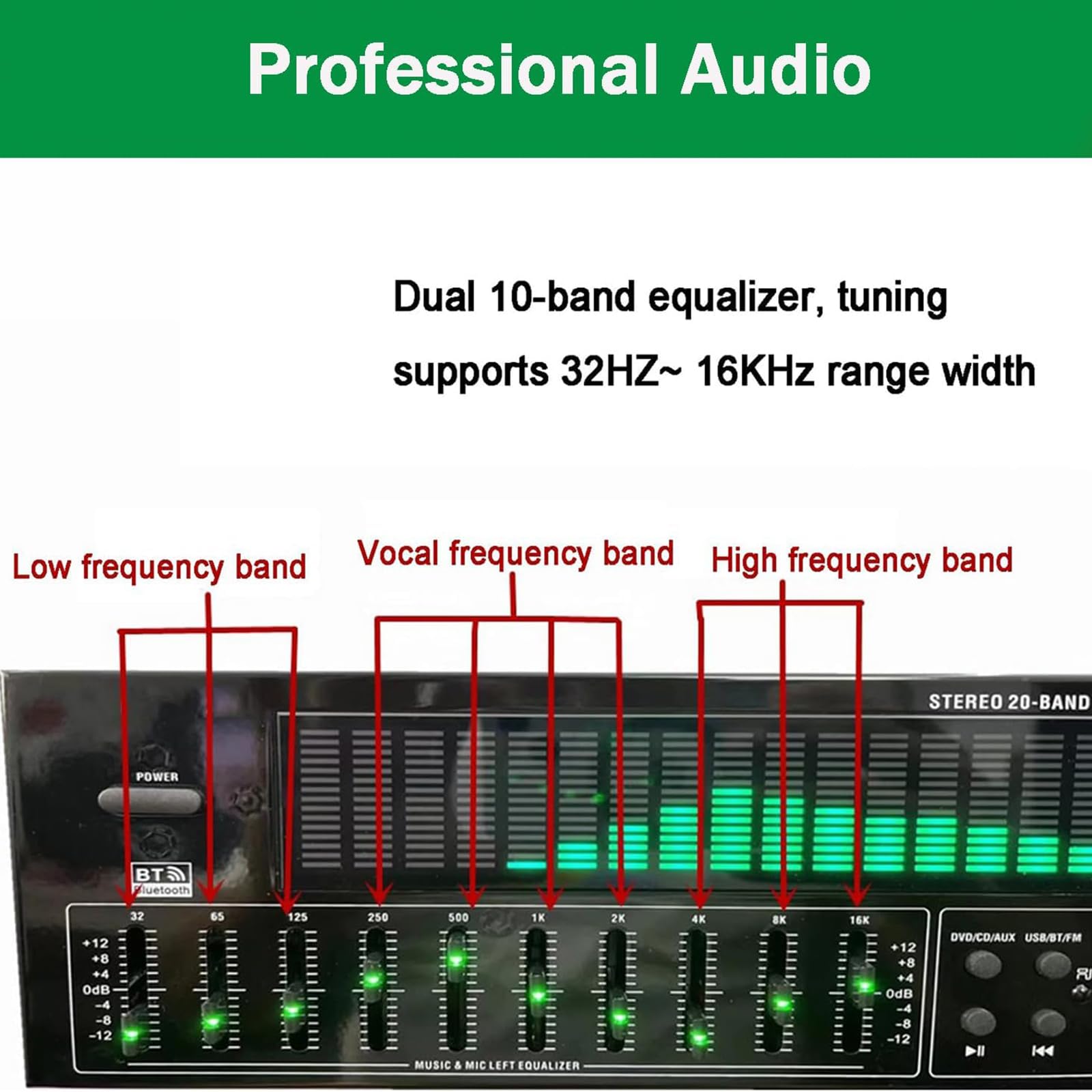 31-Band-Digital Equalizer, Audio Visualisierer Mit LED Spektrumanzeige, Musikspektrumanalysator, Rauschunterdrückung, Bluetooth 5.4, Für Bühne,Tonstudio, Studio