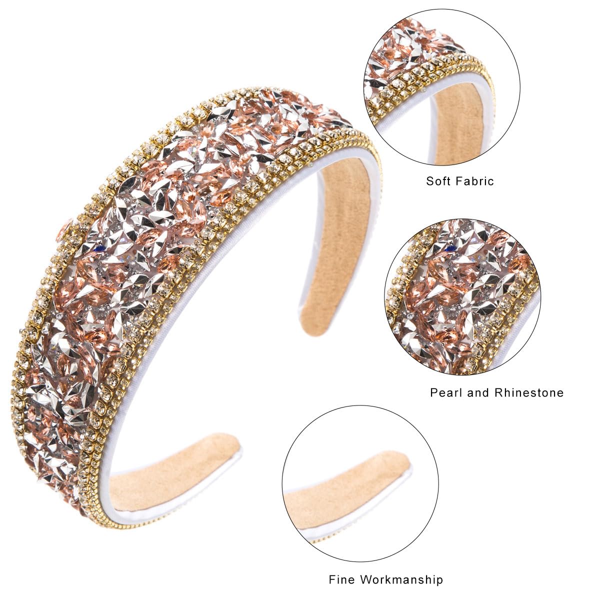 Rhinestone Pearl Headband Padded Wide Hairband Bling Crystal Headhoop Glitter Head Bands for Women Girls 25510 - Image 3